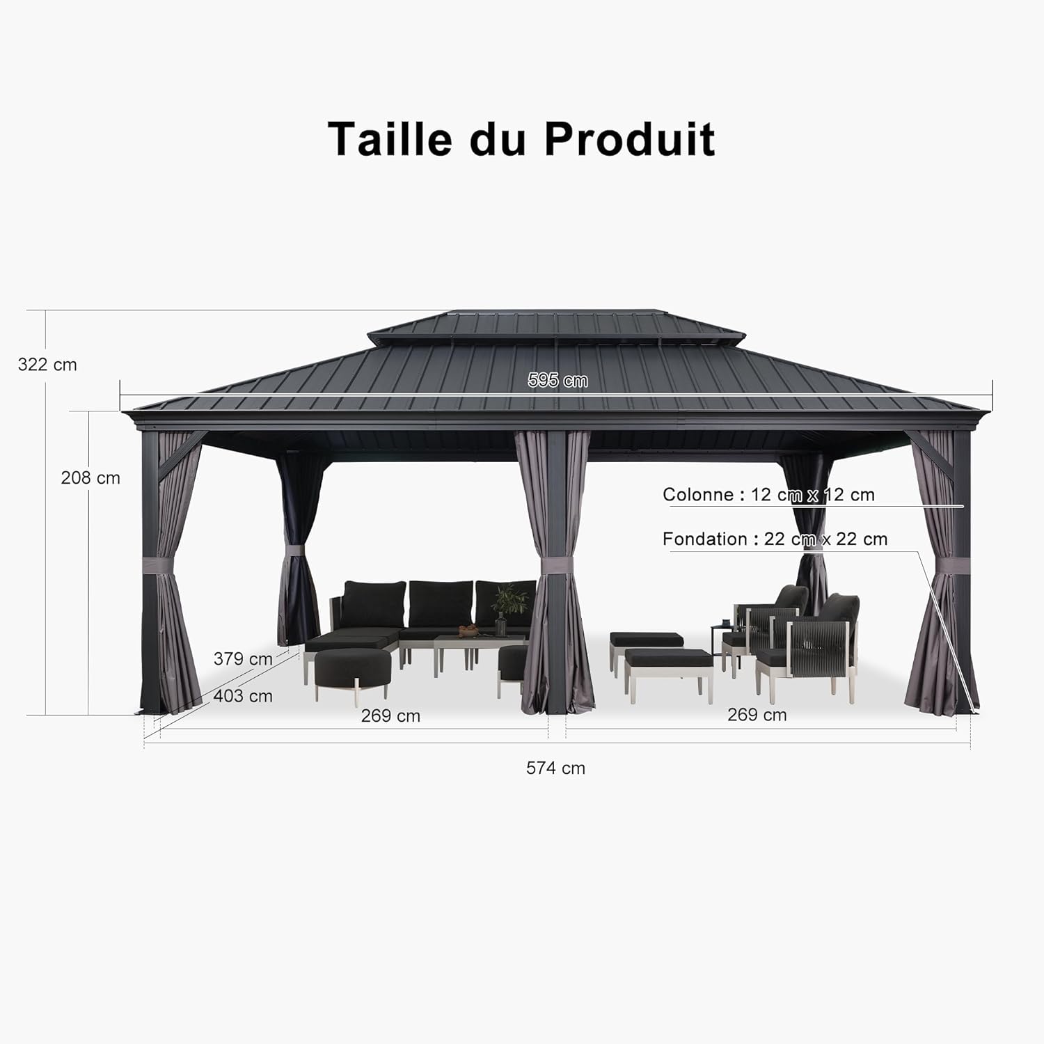 etezen - Pergola Série 6x4,25m - alu, leds, rideaux, gouttière