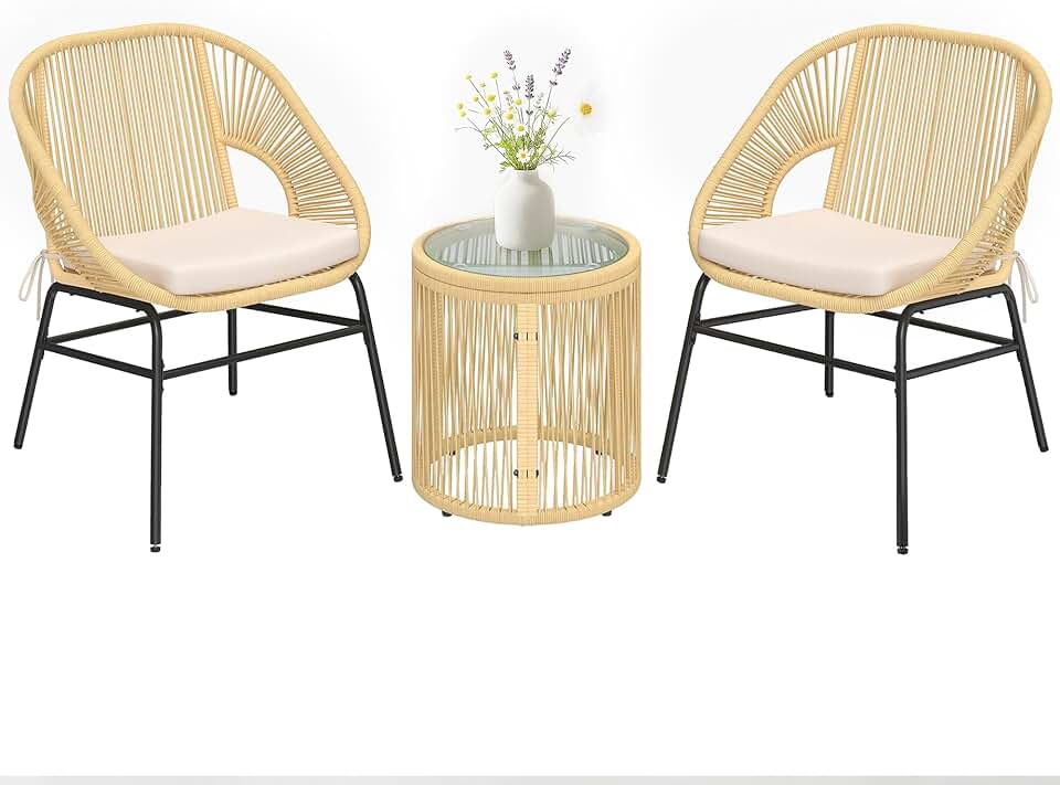 etezen - ensemble bistro 3 pcs - fauteuils confort, table verre - coussins déhoussables, résine tressée, beige