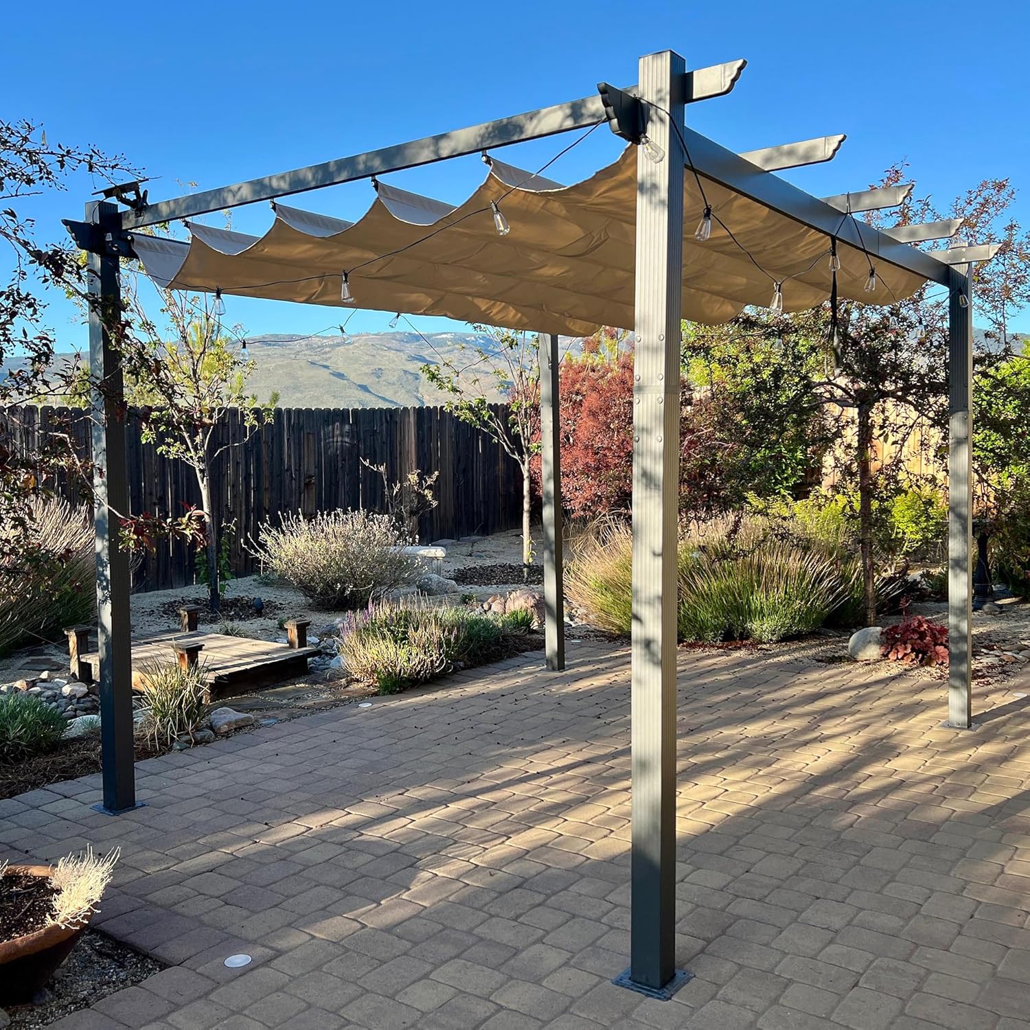 etezen - pergola aluminium série - 4x3,2m - toile teintée, toit coulissant, kaki