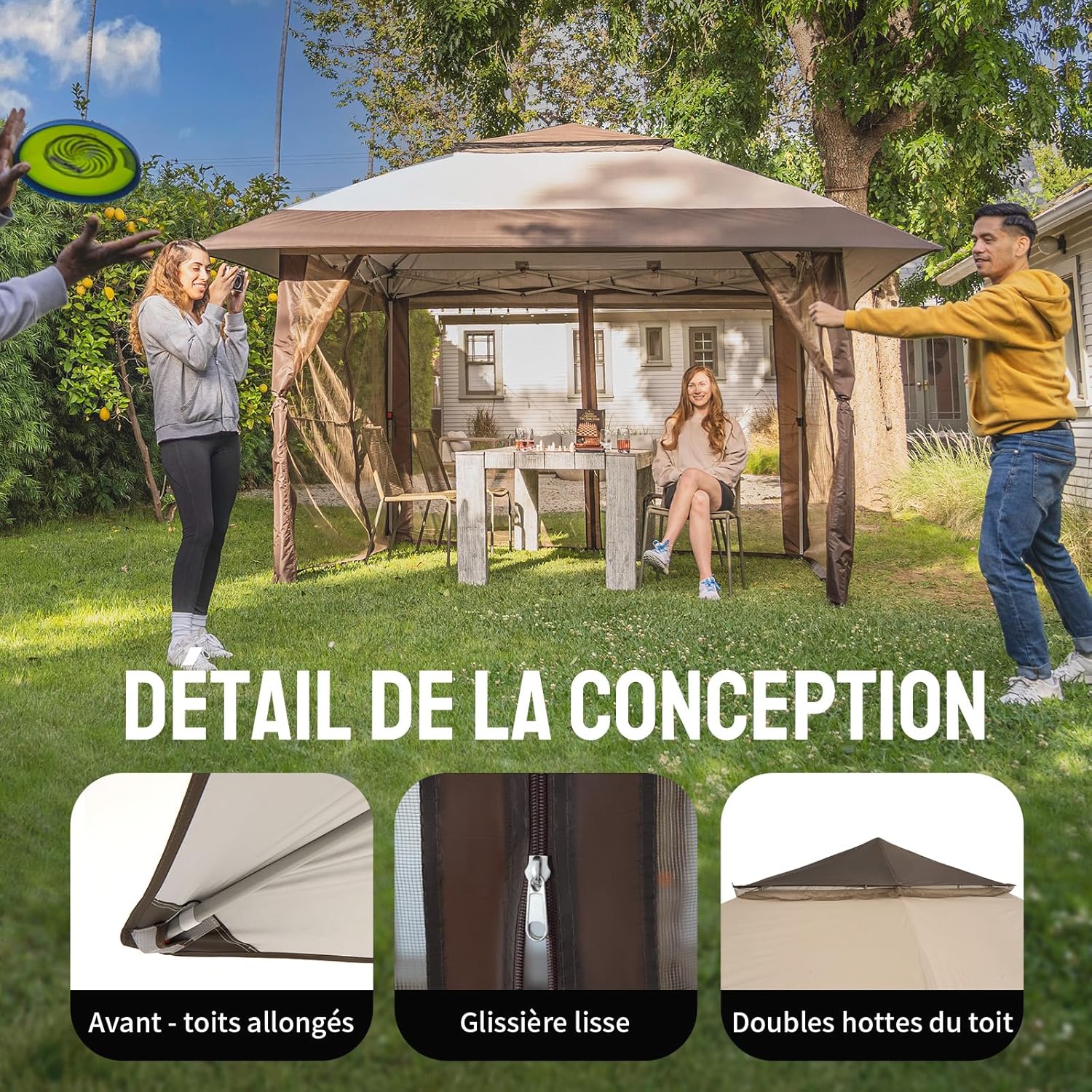 etezen Tonnelle de Jardin 4 x 4 m, Pop Up Gezebo Exterieur Imperméable, Abri de Jardin Réglable en Hauteur, Double Toit avec Côtés en Maille Zippée, Sac de Transport, Beige