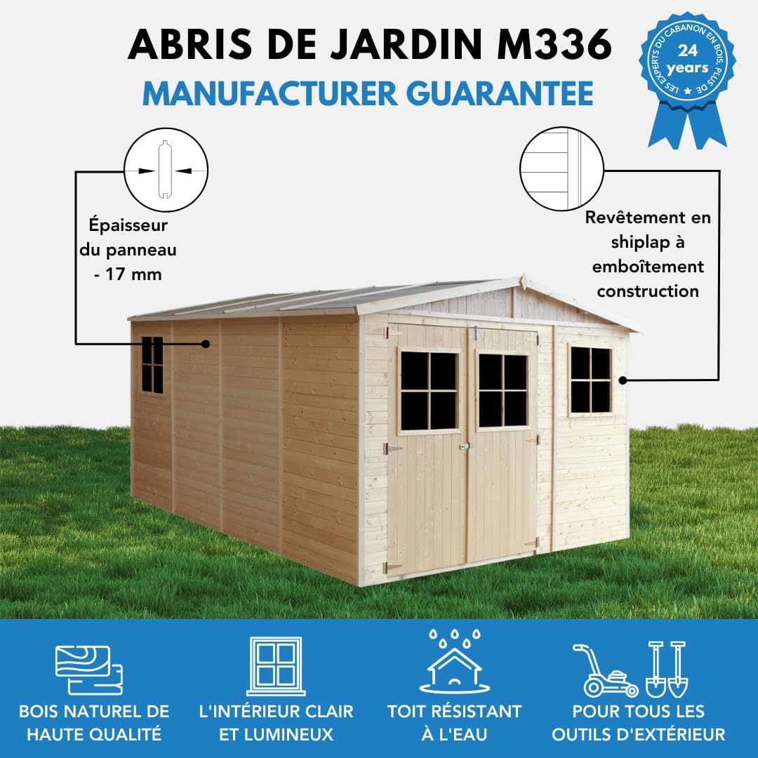 ABRI de Jardin en Bois Exterieur avec Les PLANCHERS IMPRÉGNÉ - en Pin/épicéa- H226x324x416 cm/12 m²- Construction de Panneaux- Rangement pour vélos, Remise à Outils- etezen M336+M336G