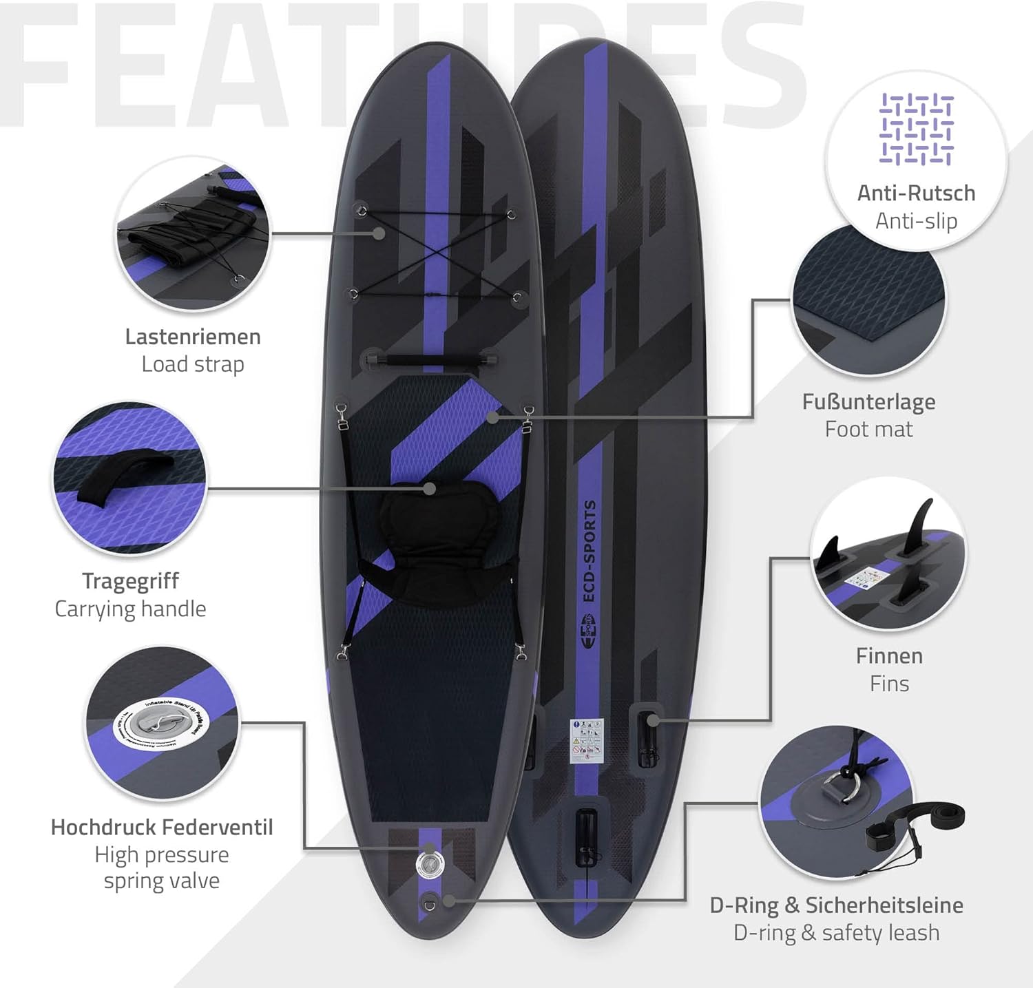 etezen - Stand Up Paddle Gonflable - 305/308/320/380 cm - PVC, 120/150 kg, 10/15 cm