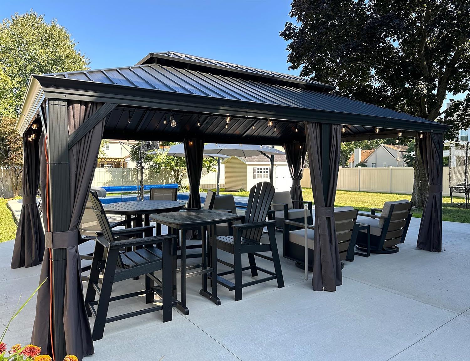 etezen - tonnelle aluminium - 6x3,65m - LED, rideaux, gouttière, gris
