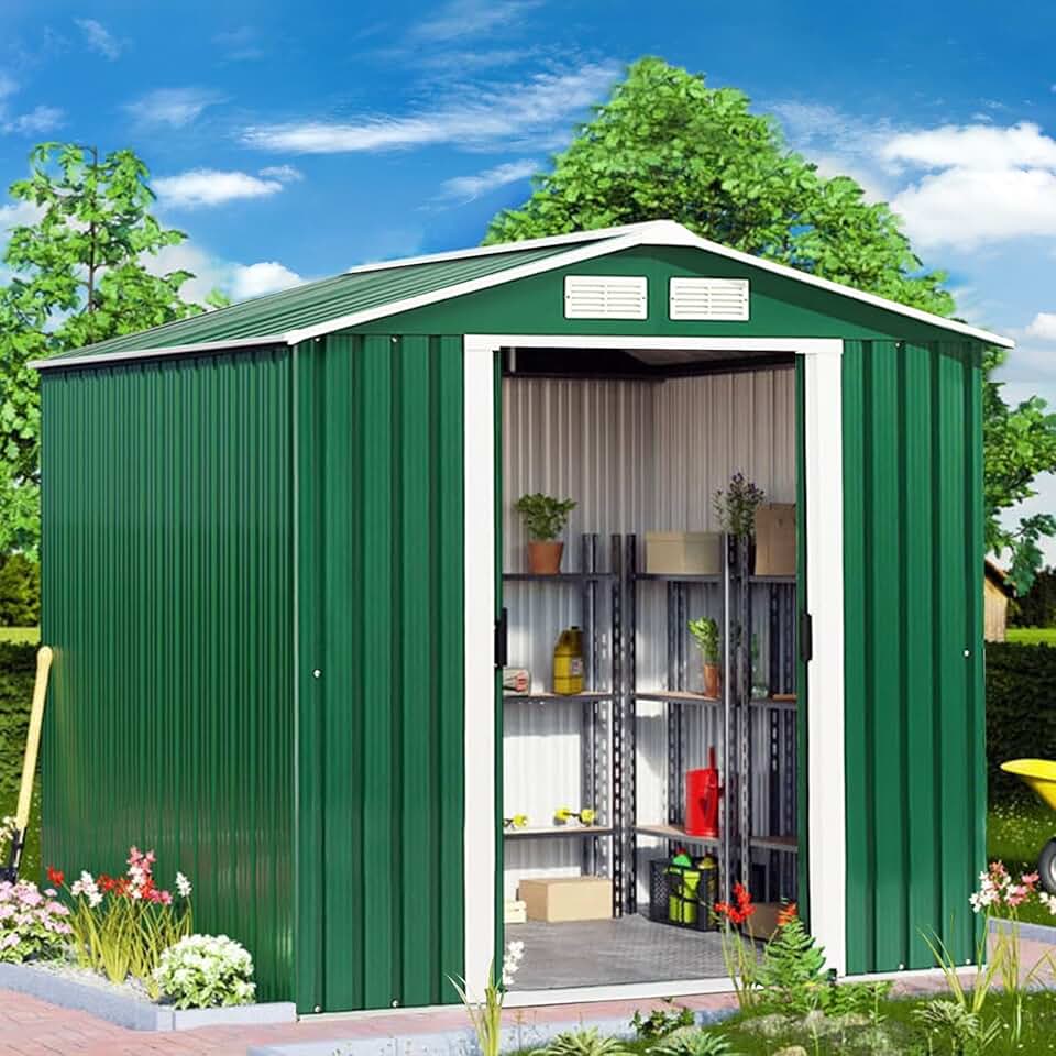 etezen Abri de Jardin Métal Extérieur 2.7㎡ Acier Galvanisé avec Fondation, Toit Penché, 4 Persiennes, Double Porte Coulissante, Cabane Jardin Exterieur avec Rampe, pour Vélo, Poubelle, 213x127x185CM