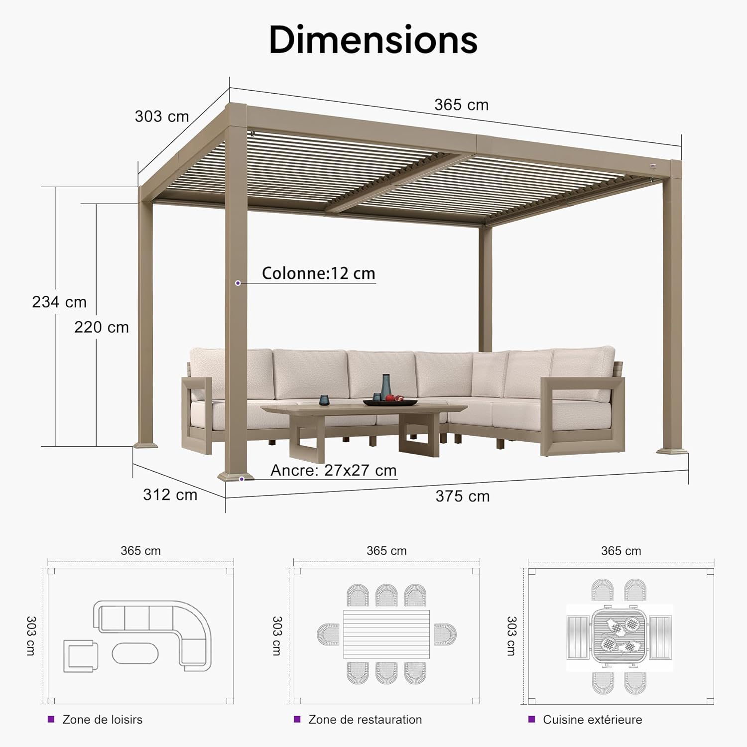 etezen - Pergola bioclimatique - 3x3,65m - LED, alu, lames orientables, étanche, anti-UV