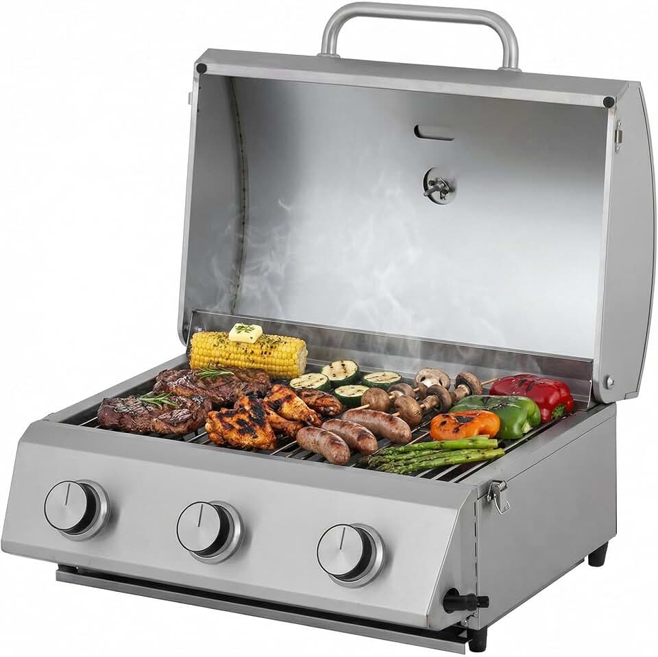 etezen - Barbecue à gaz portable - inox - 3 brûleurs, thermomètre, allumage piézo - CATHAN