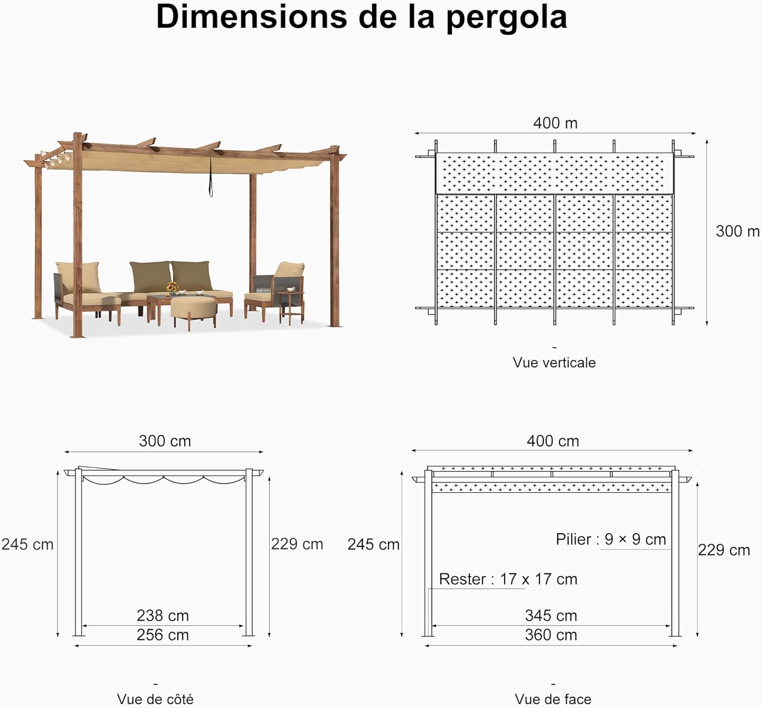 etezen - Pergola alu finition teck 4x3m - toile rétractable, rideau, kaki