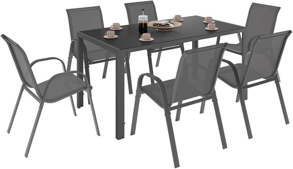 etezen - Salon de jardin Madrid 150cm, 6 chaises empilables gris