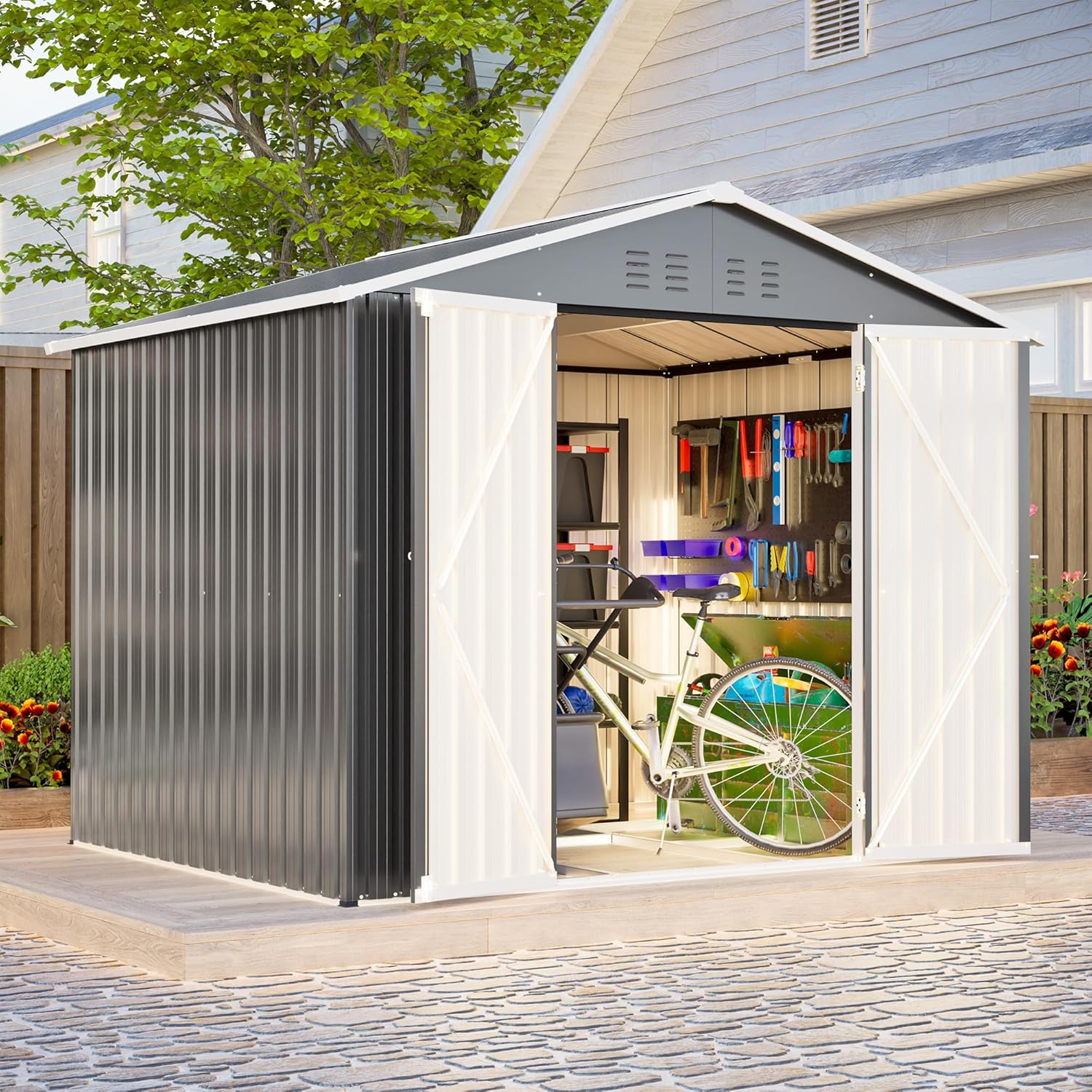 Abri de jardin métal – robuste, 2,4 x 1,8 m, porte rabattable, résistant intempéries, terrasse