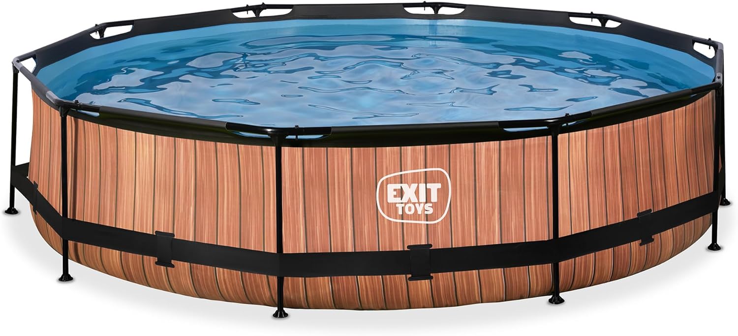 etezen Piscine Tubulaire Wood - ø360x76cm - Piscine Hors Sol Ronde Grande avec Pompe Filtrante à Cartouche - Entrée Basse - Idéal pour Les Jeunes Enfants - Cadre Stable - Design Unique - Marron