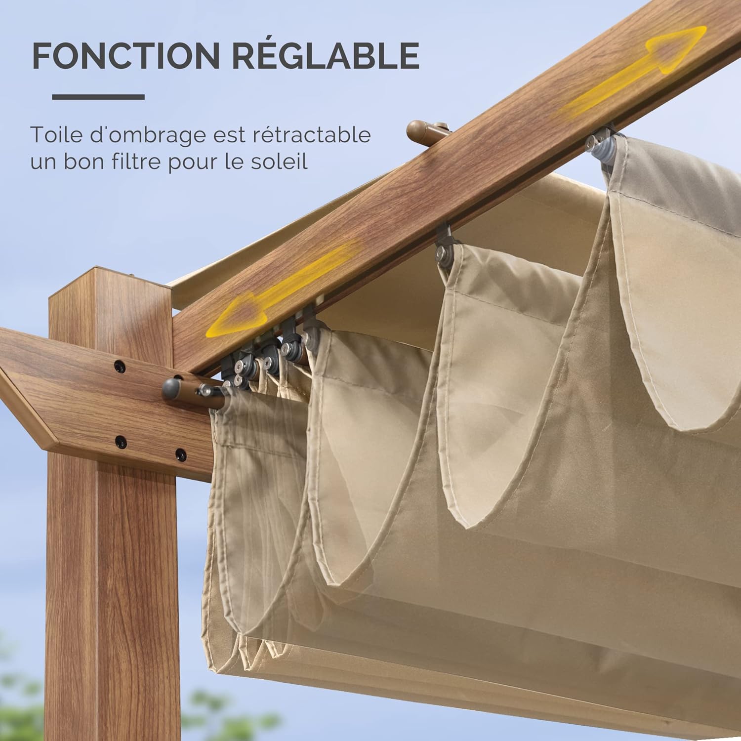 etezen - Pergola aluminium 4x3m, toit rétractable, éclairage intégré, finition teck, kaki