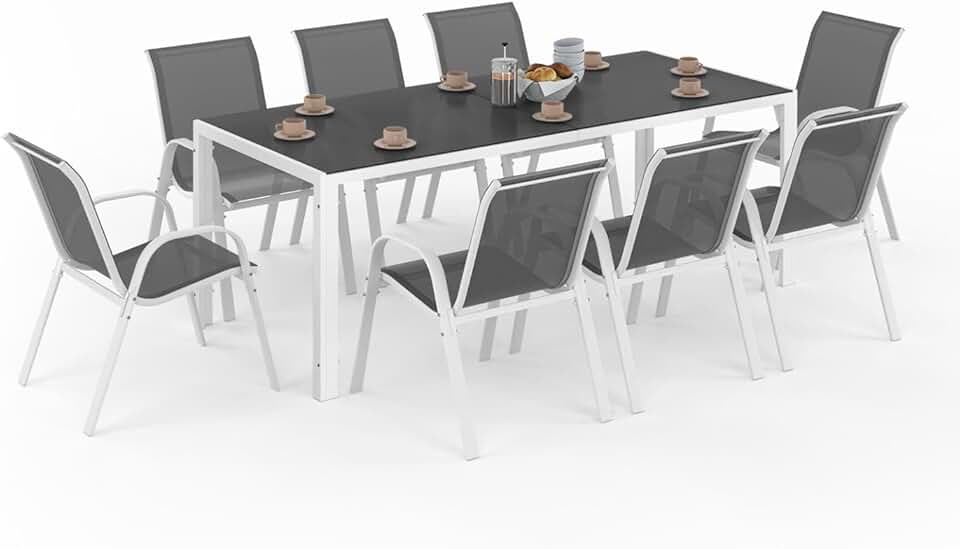 etezen - Salon Madrid - table 190 cm + 8 chaises empilables blanc/gris