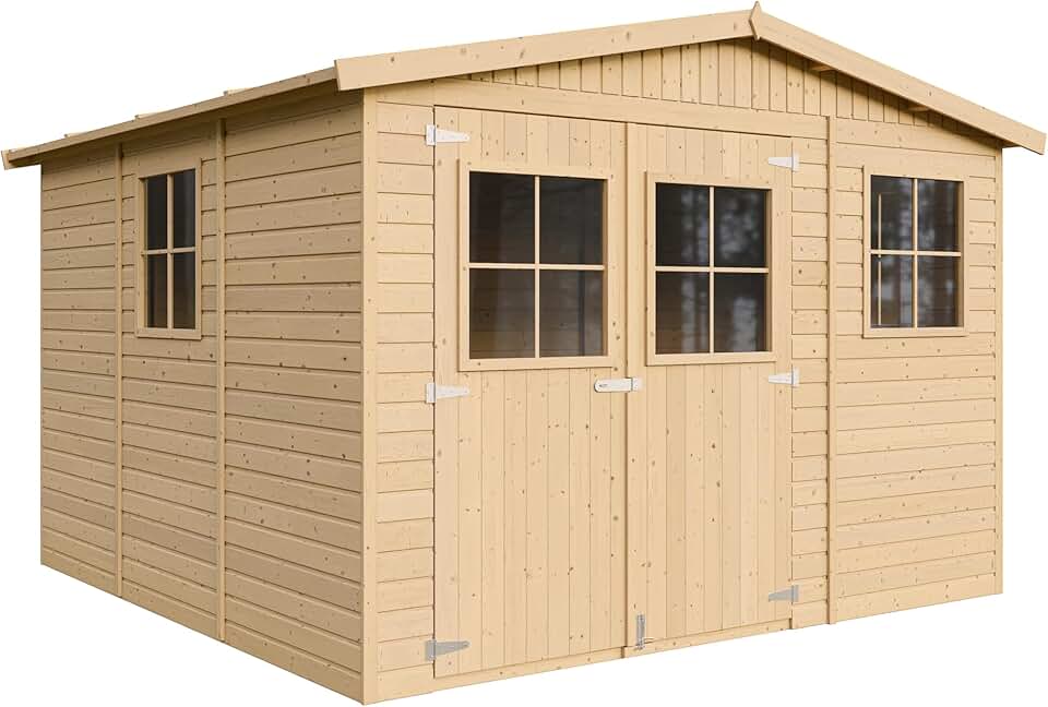Abri de Jardin en Bois Naturel - Stockage extérieur avec fenêtres- H226x316x324 cm/9 m² Hangar en Bois Naturel - Atelier Rangement Outils et vélos- etezen M335