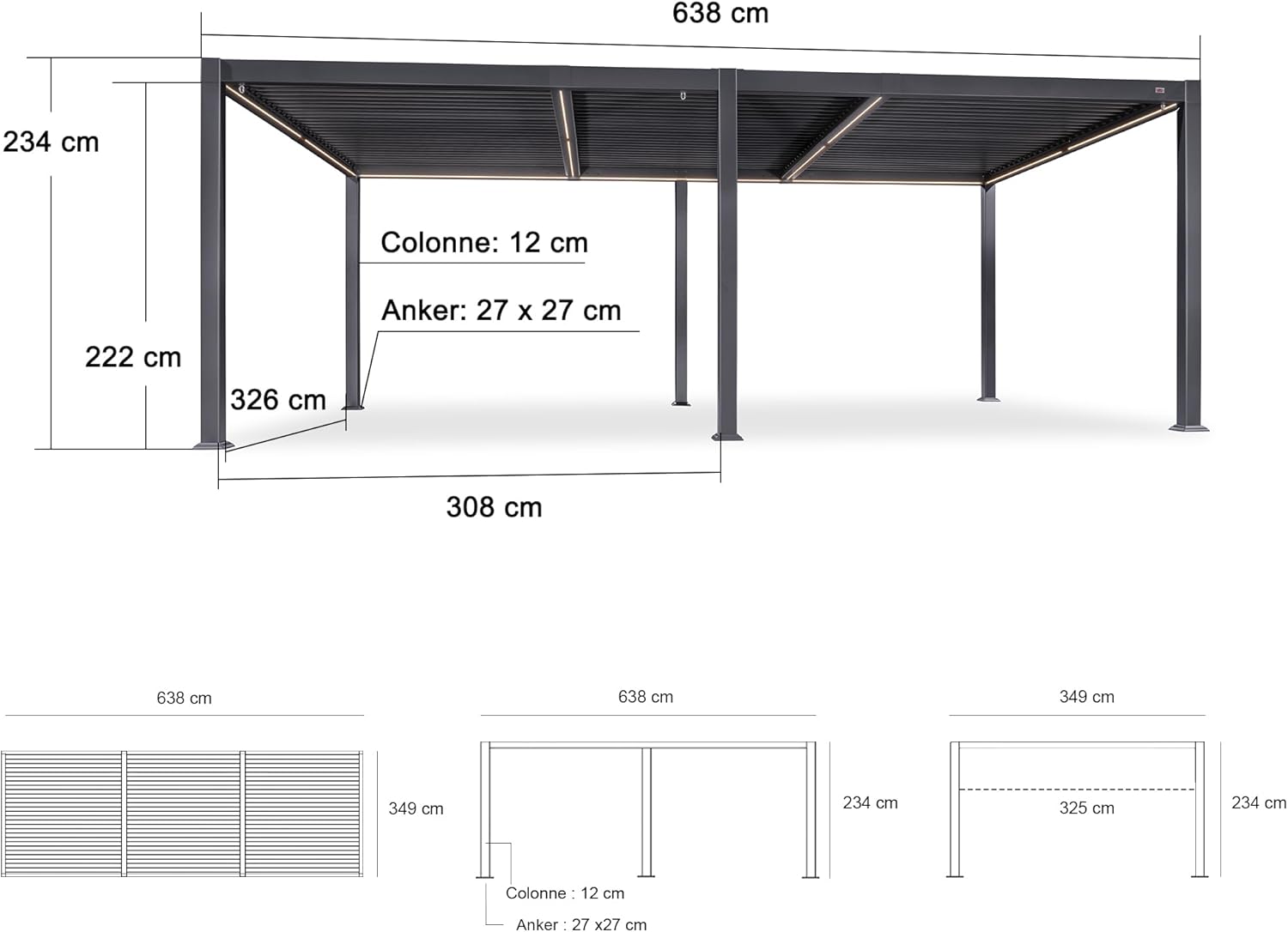 etezen - pergola bioclimatique - 3,5x6,35m - lames LED alu gris
