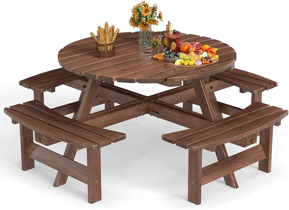 etezen - Table pique-nique ronde 8 places - 4 bancs intégrés, parasol 5cm, marron, 100+250kg
