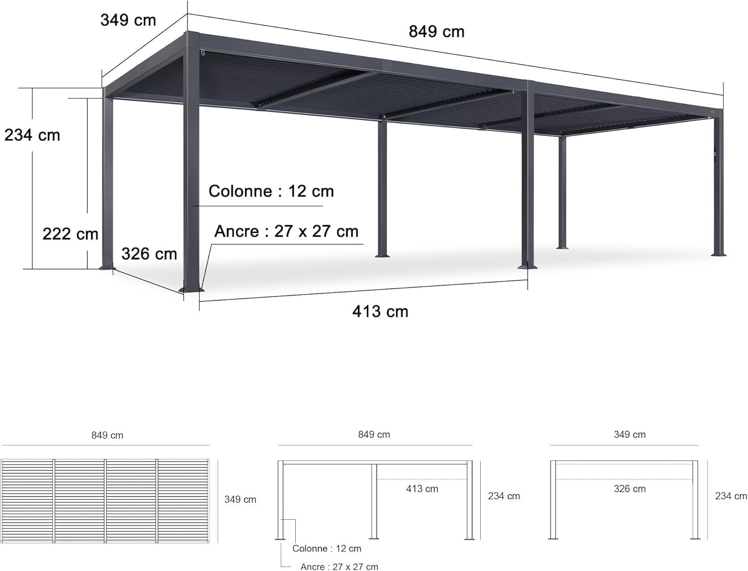 etezen - Pergola bioclimatique - 3,5x8,5m - aluminium, lames LED, étanche