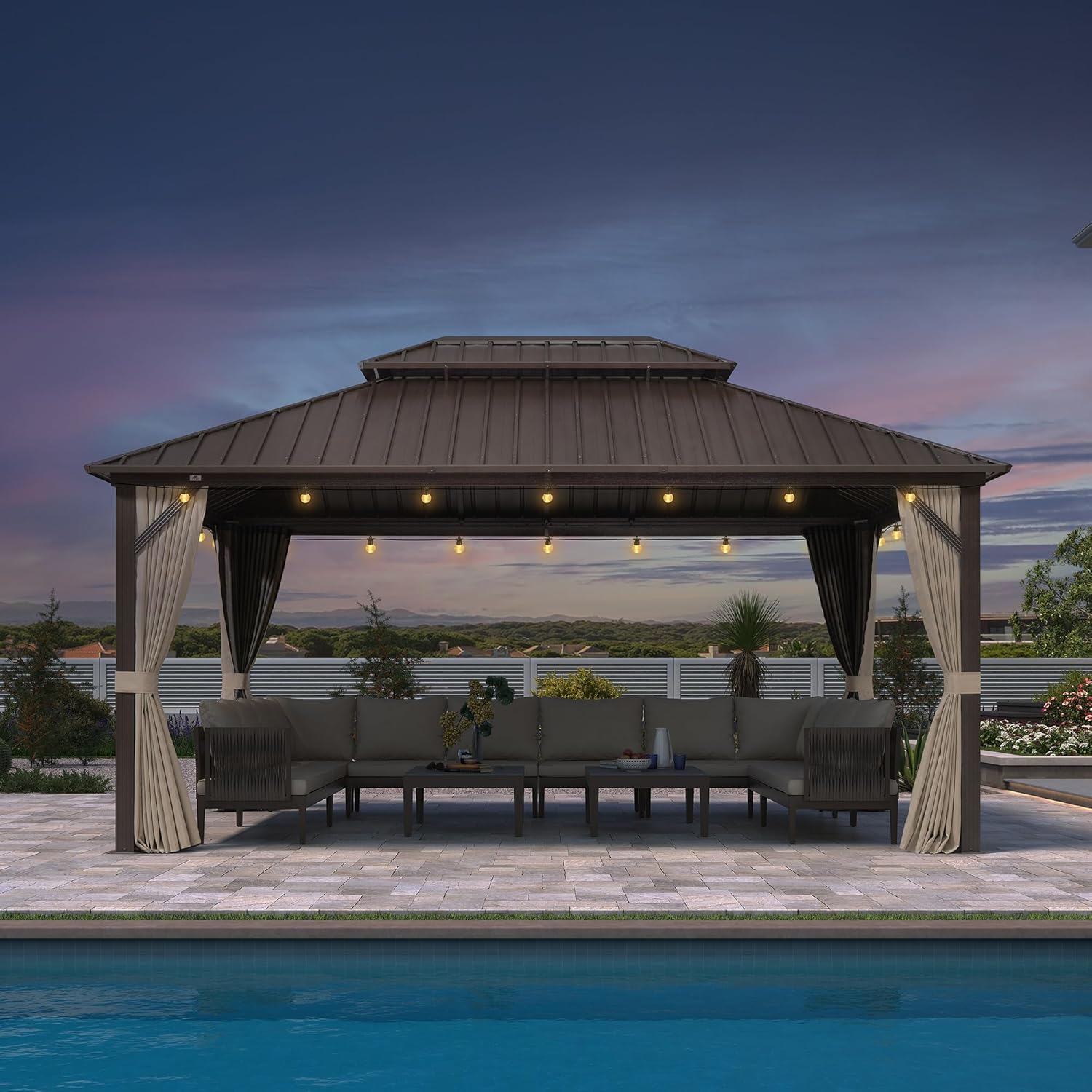 etezen - Pergola Toit Rigide - 4,85x3,65m - Aluminium, Rideaux, Guirlande