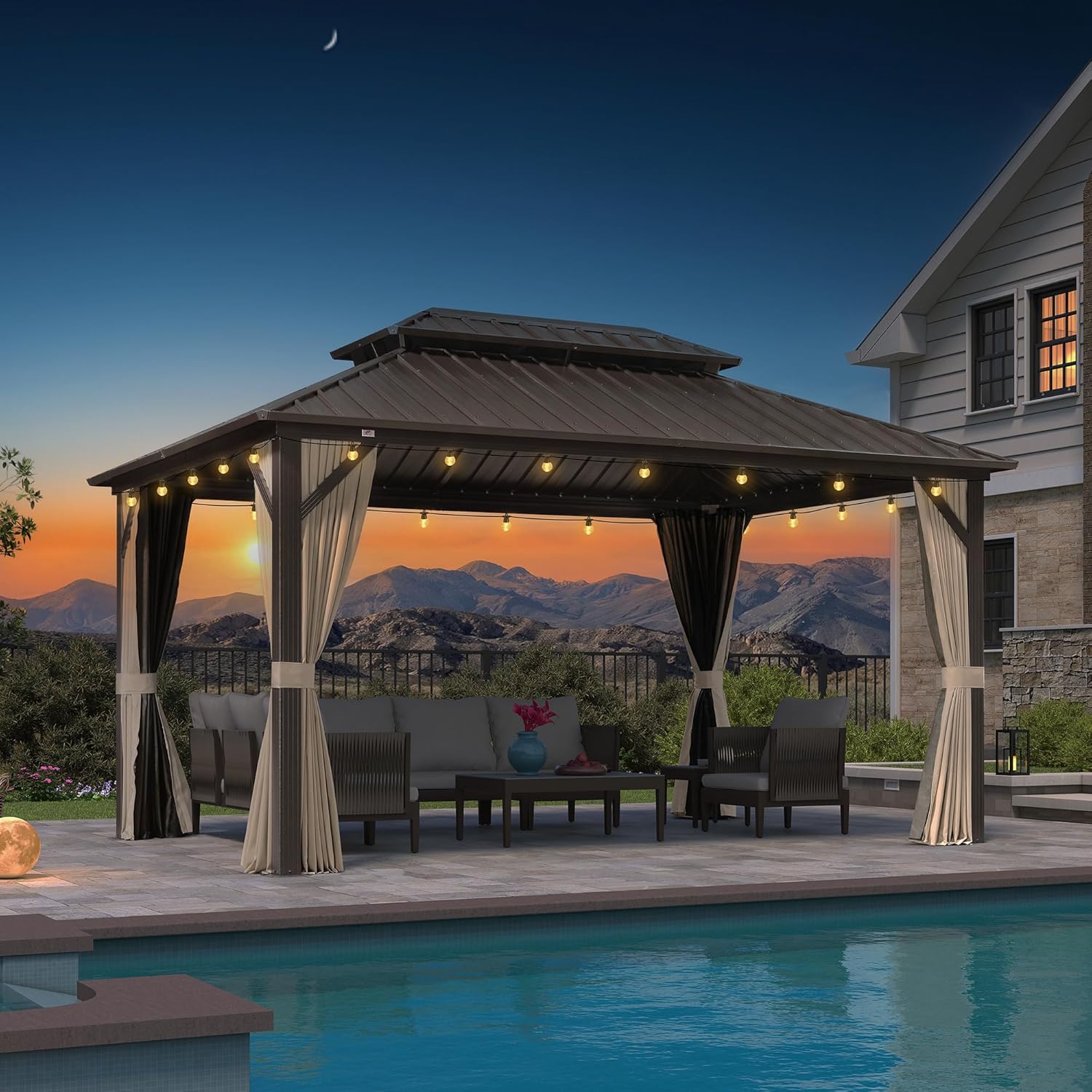 etezen - Pergola toit rigide - 4,25x3m - acier, aluminium, guirlande