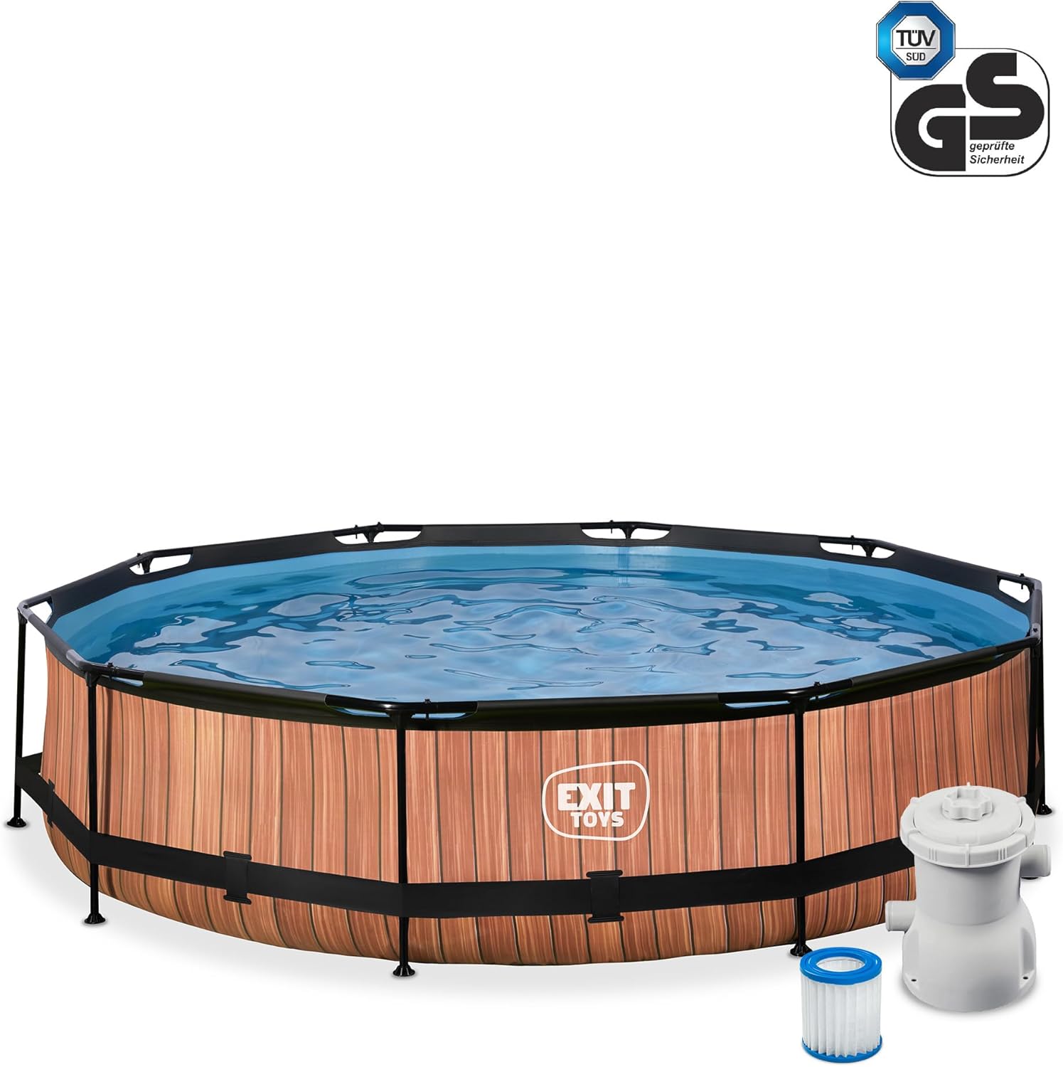 etezen Piscine Tubulaire Wood - ø360x76cm - Piscine Hors Sol Ronde Grande avec Pompe Filtrante à Cartouche - Entrée Basse - Idéal pour Les Jeunes Enfants - Cadre Stable - Design Unique - Marron