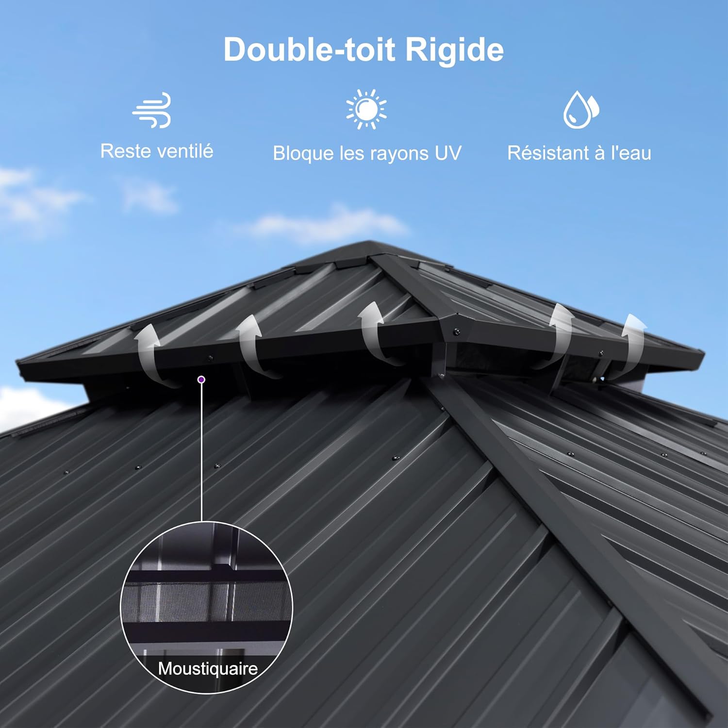 etezen - tonnelle extérieur double toit 3x3m, alu et acier, rideaux, guirlande lumineuse