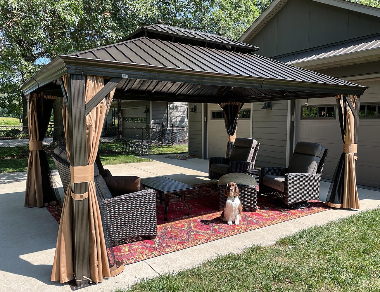 etezen - Tonnelle aluminium série éclairée - 4,85x3,65 m - gouttière, rideaux moustiquaires, poteaux renforcés, bro