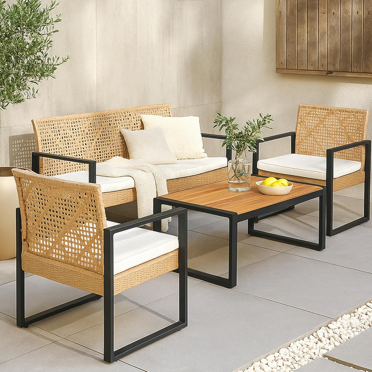etezen - Salon de jardin 4 pièces, acier/acacia, 2 chaises + banc, beige/naturel