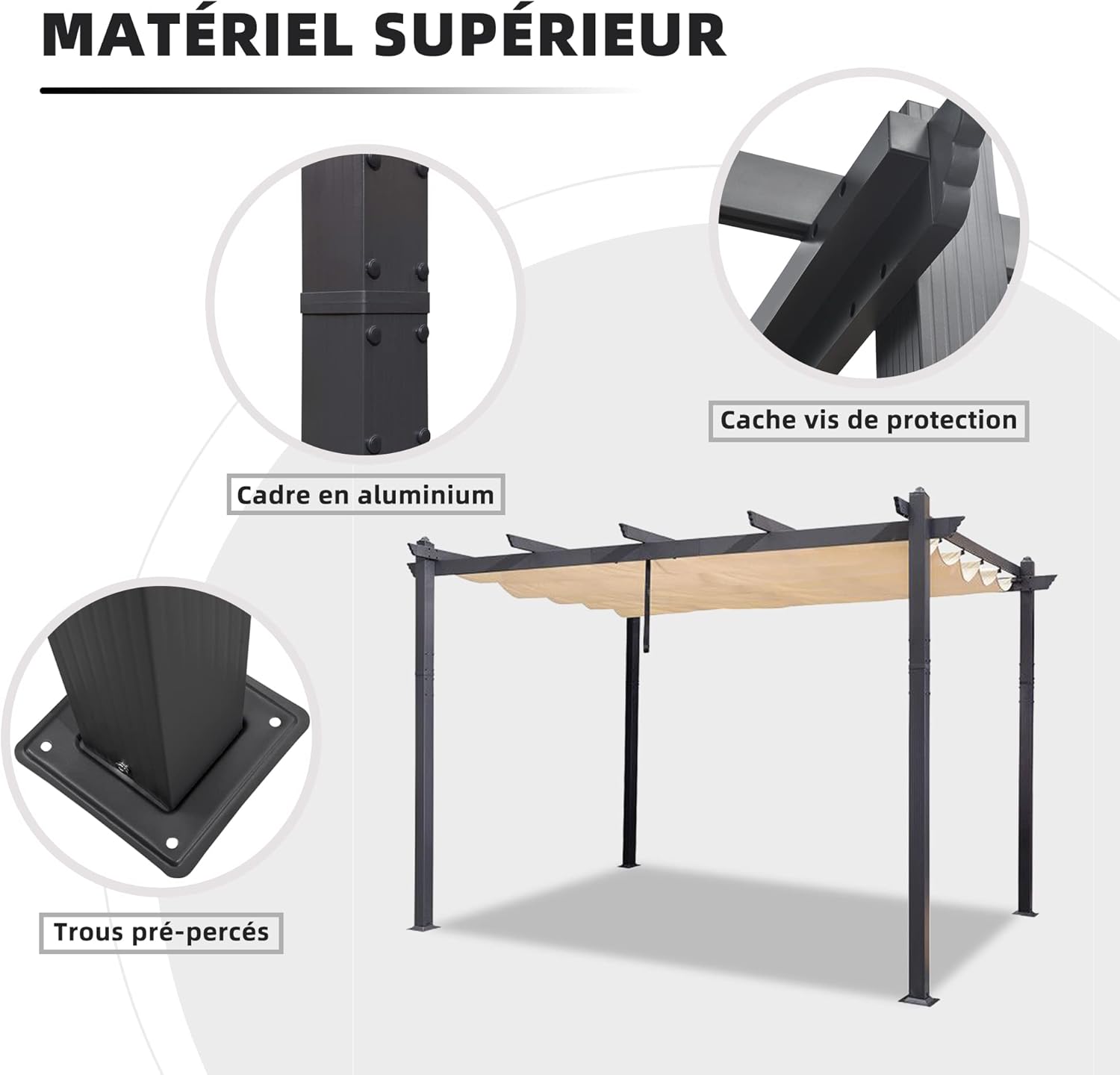 etezen - Pergola aluminium LED, toit rétractable, 4x3m, kaki