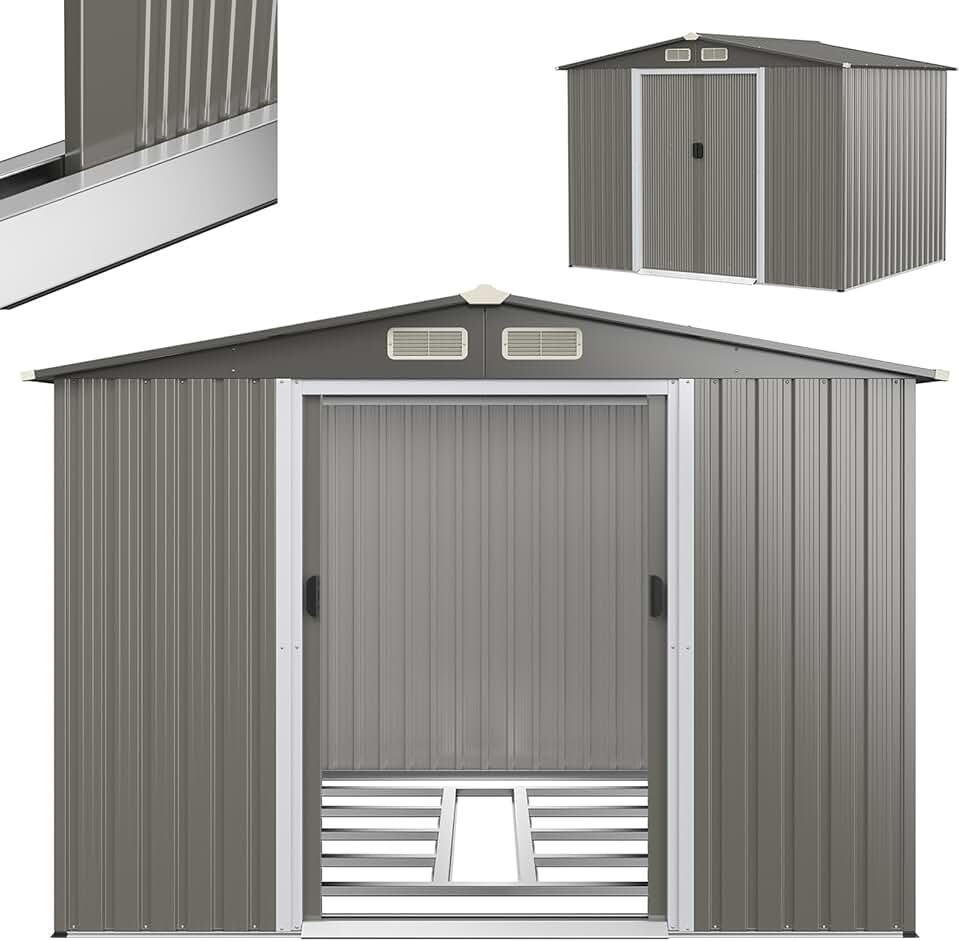 etezen Abri de Jardin en Tôle d’Acier Galvanisée avec Fondation et Double Porte Coulissante, Cabane à Outils avec Toit en Appentis et Volets 260X206,5 X 108 CM (Toit Gris foncé)