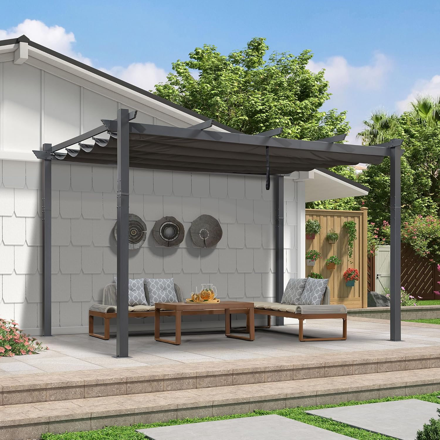 etezen - Pergola murale série aluminium 4x2,7m toit coulissant, tissu teint, gris