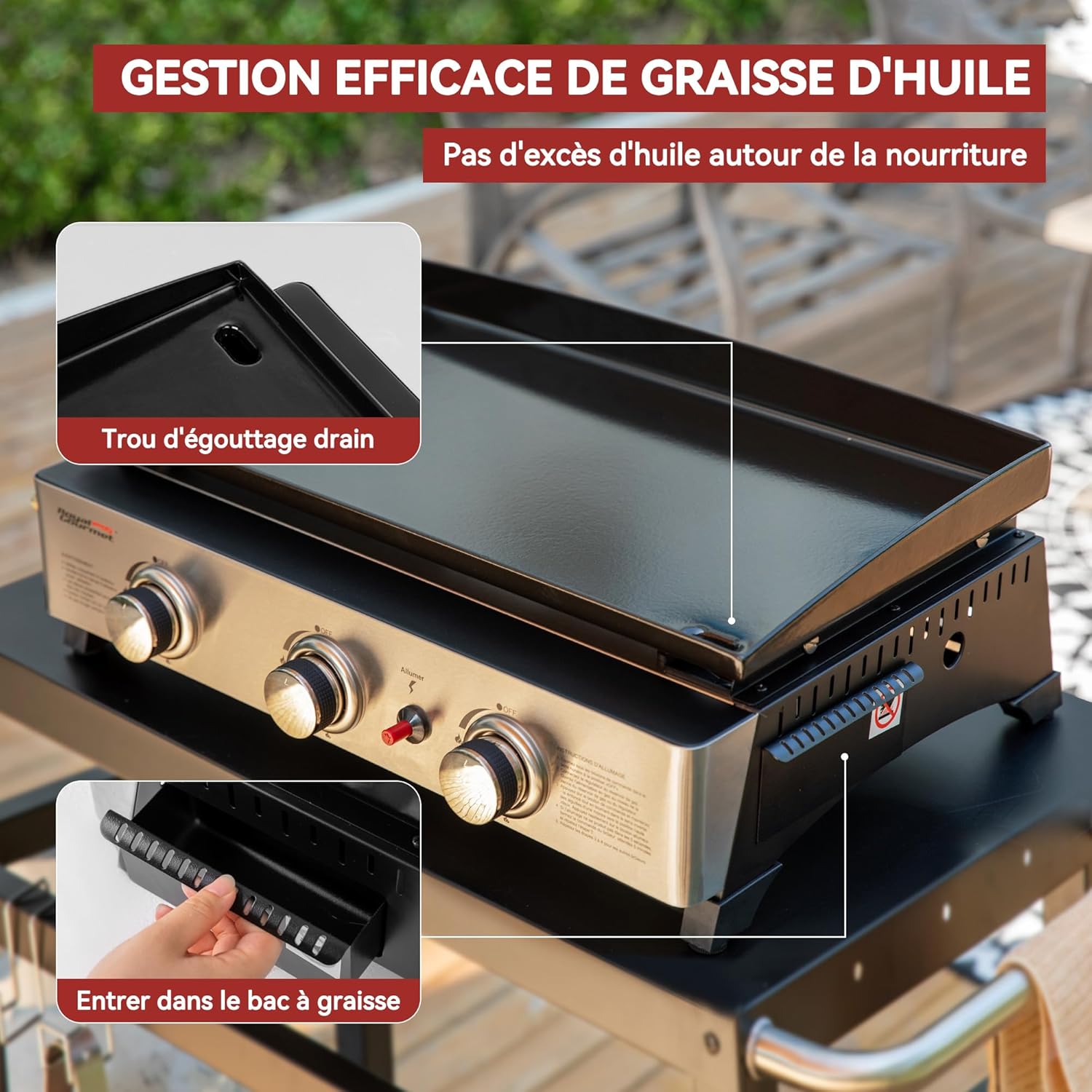 etezen - Plancha Gaz 3 brûleurs - 62x35,5 cm - acier émaillé, portable, 7.5kW
