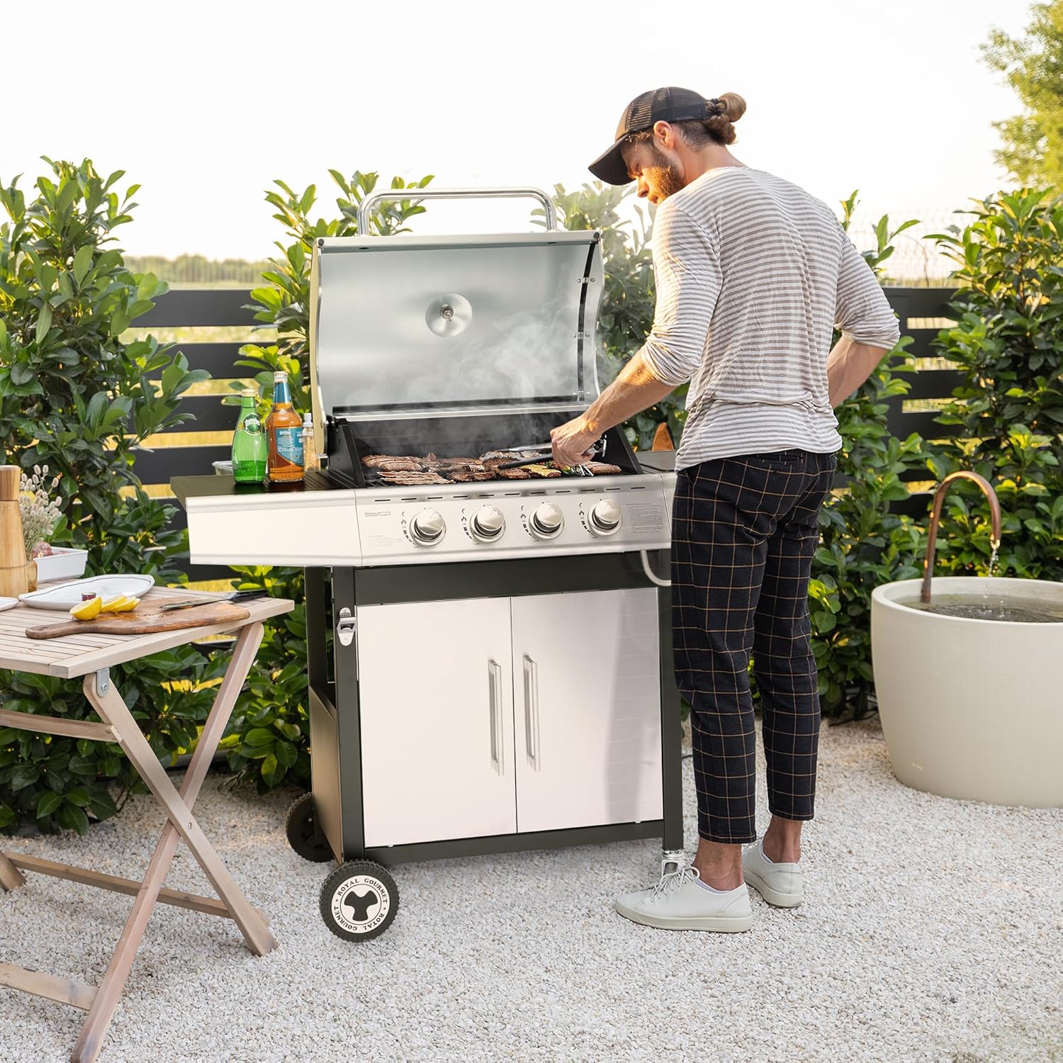 etezen - Barbecue Gaz 4+1 brûleurs inox - 14,5kW - 2 portes, thermomètre, roues directionnelles