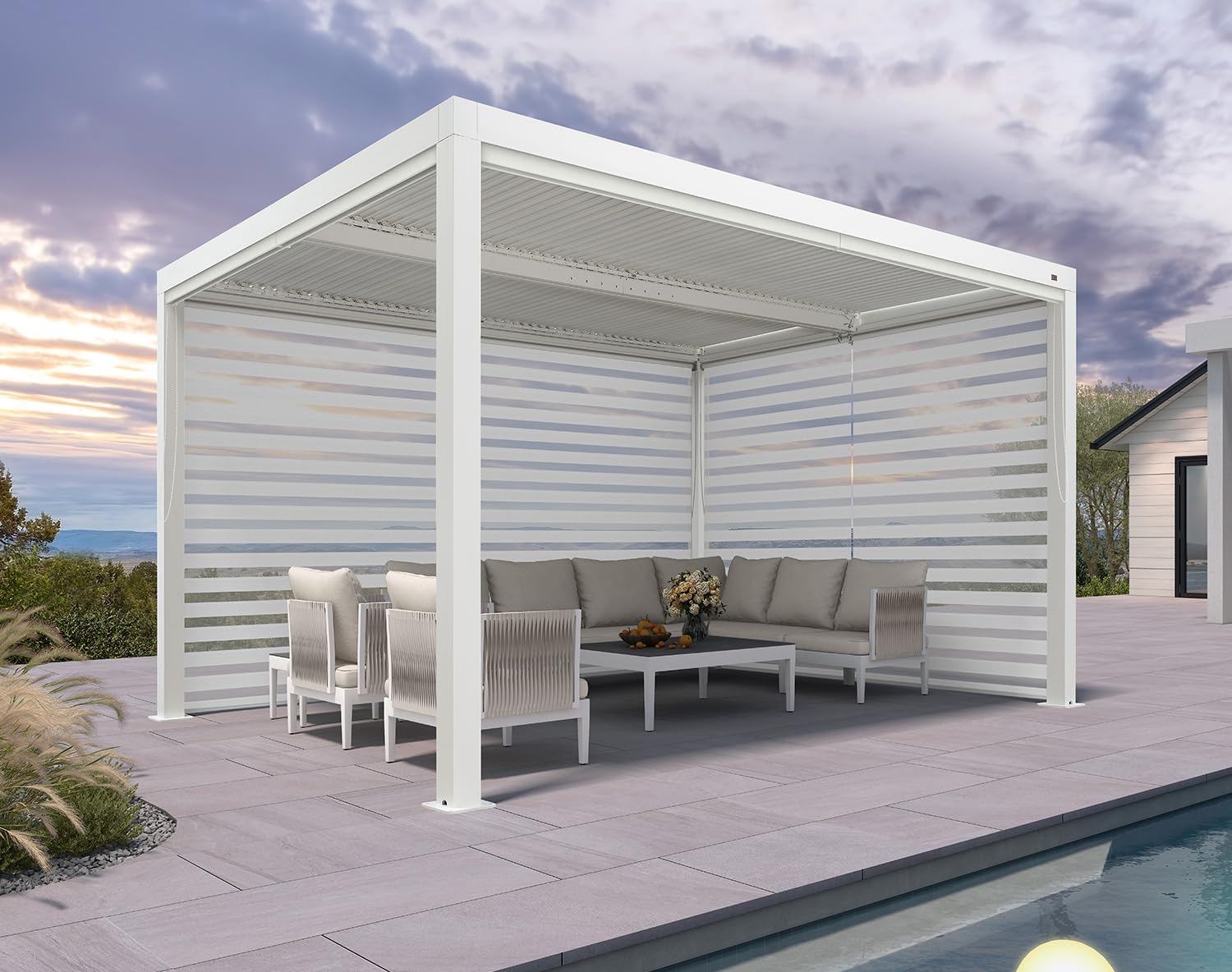 etezen - pergola bioclimatique - 4,24x3m - aluminium, stores enrouleurs, lames orientables