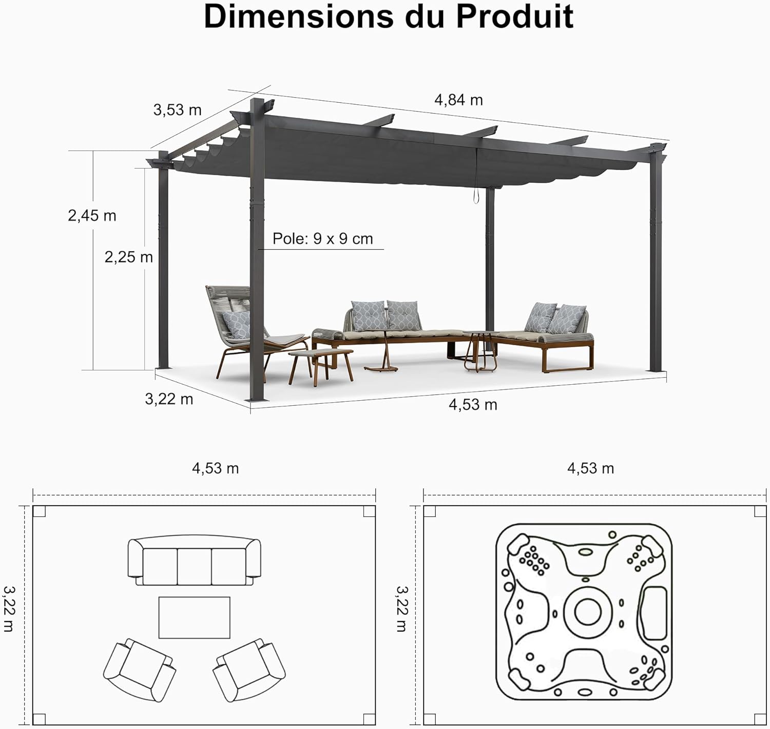 etezen - Pergola aluminium - 4,8x3,5m - toit coulissant, tissu teint en fil, gris