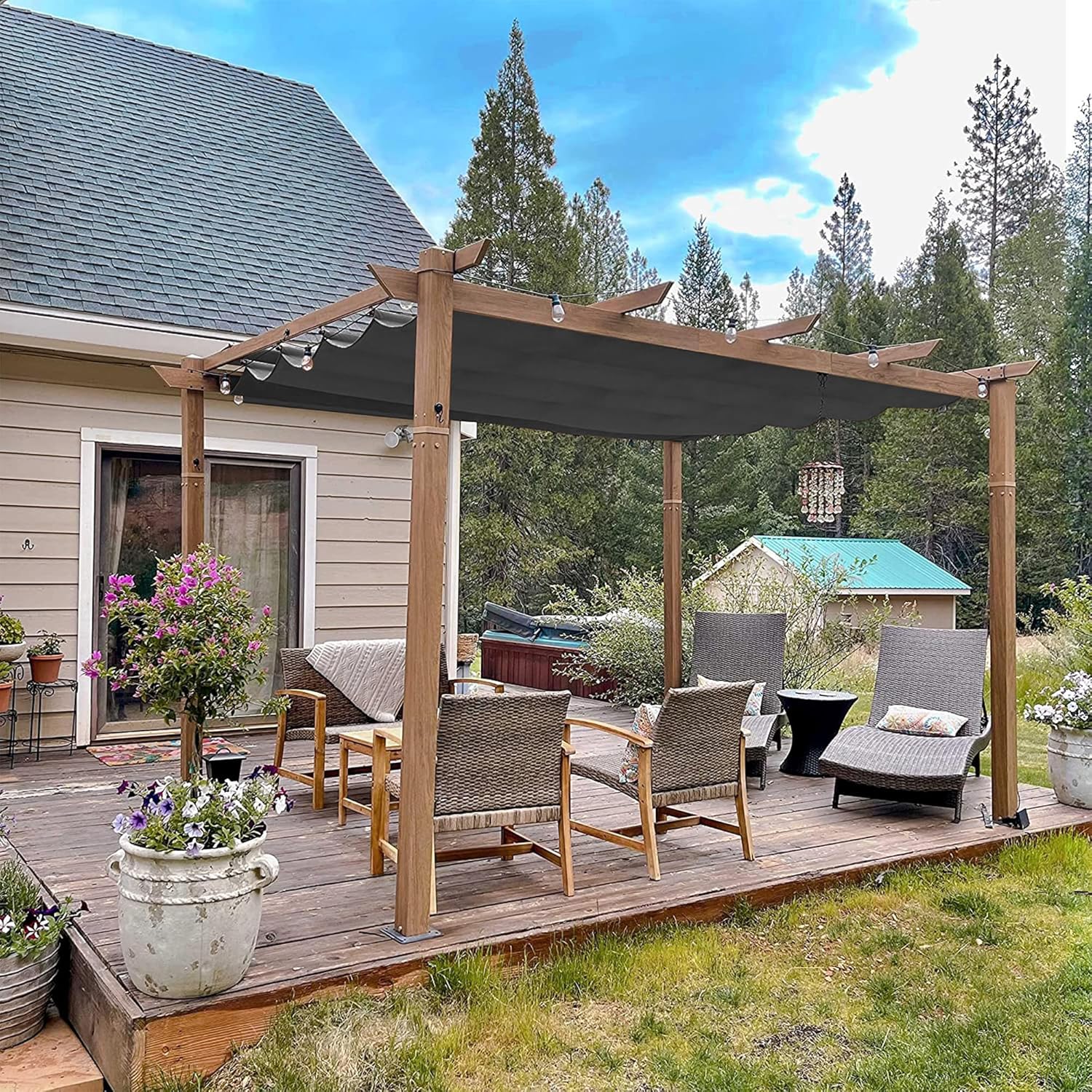 etezen - Pergola aluminium - 4x3m - toile rétractable, teck, imperméable
