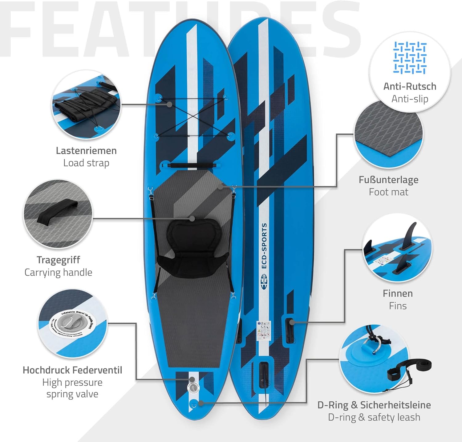 etezen Stand Up Surf Paddle Board Gonflable 305/308/320/380 cm | PVC | jusqu'à 120/150 kg | Épaisseur 10/15 cm | Planche de Surf Pagaie Sac de Transport Pompe à Air | Diverses Couleurs Modèles