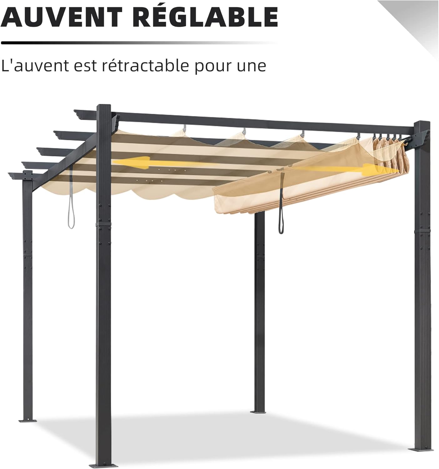 etezen - Pergola aluminium LED, toit rétractable, 4x3m, kaki