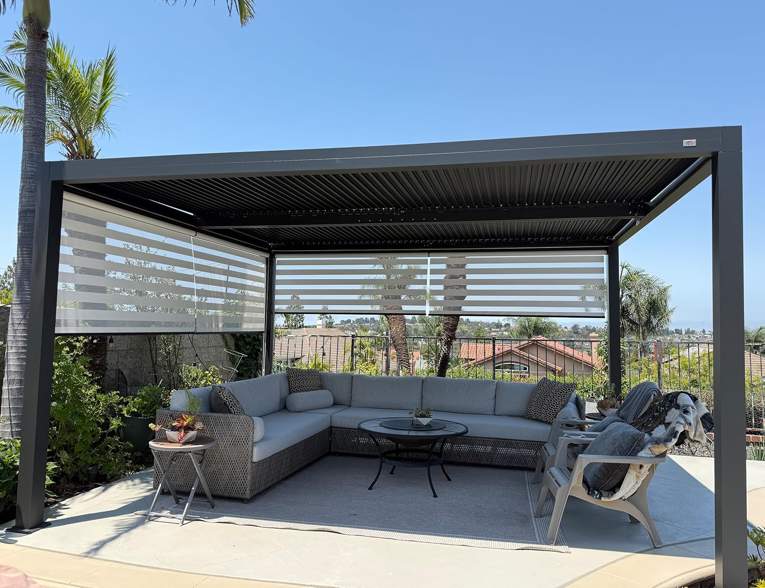 etezen - Pergola bioclimatique - 4,8x3 m - stores enrouleurs, lames orientables, gris