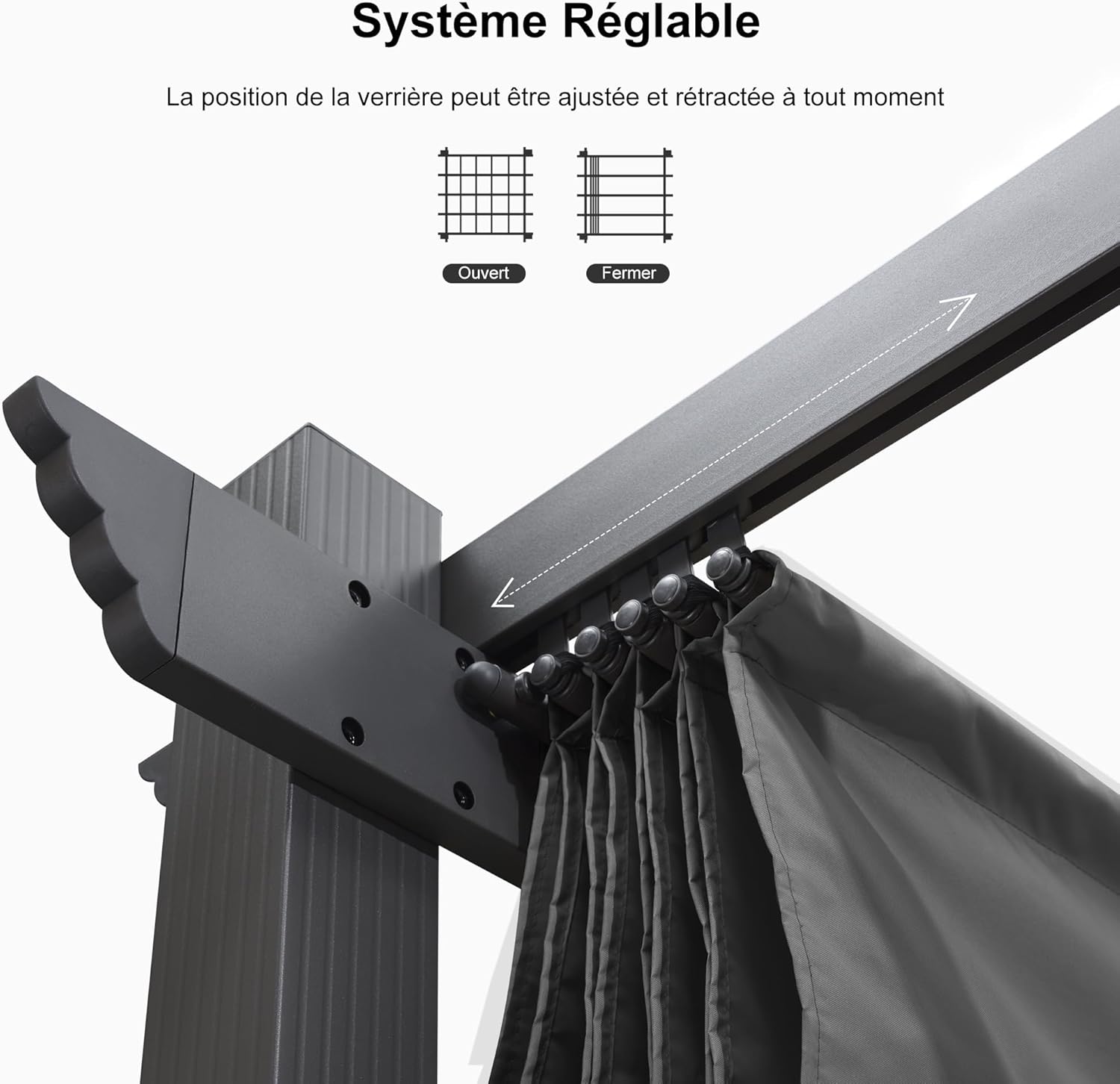 etezen - pergola aluminium - 4,8x3,5m - LED, toit rétractable, tissu mass teinté, structure résistante