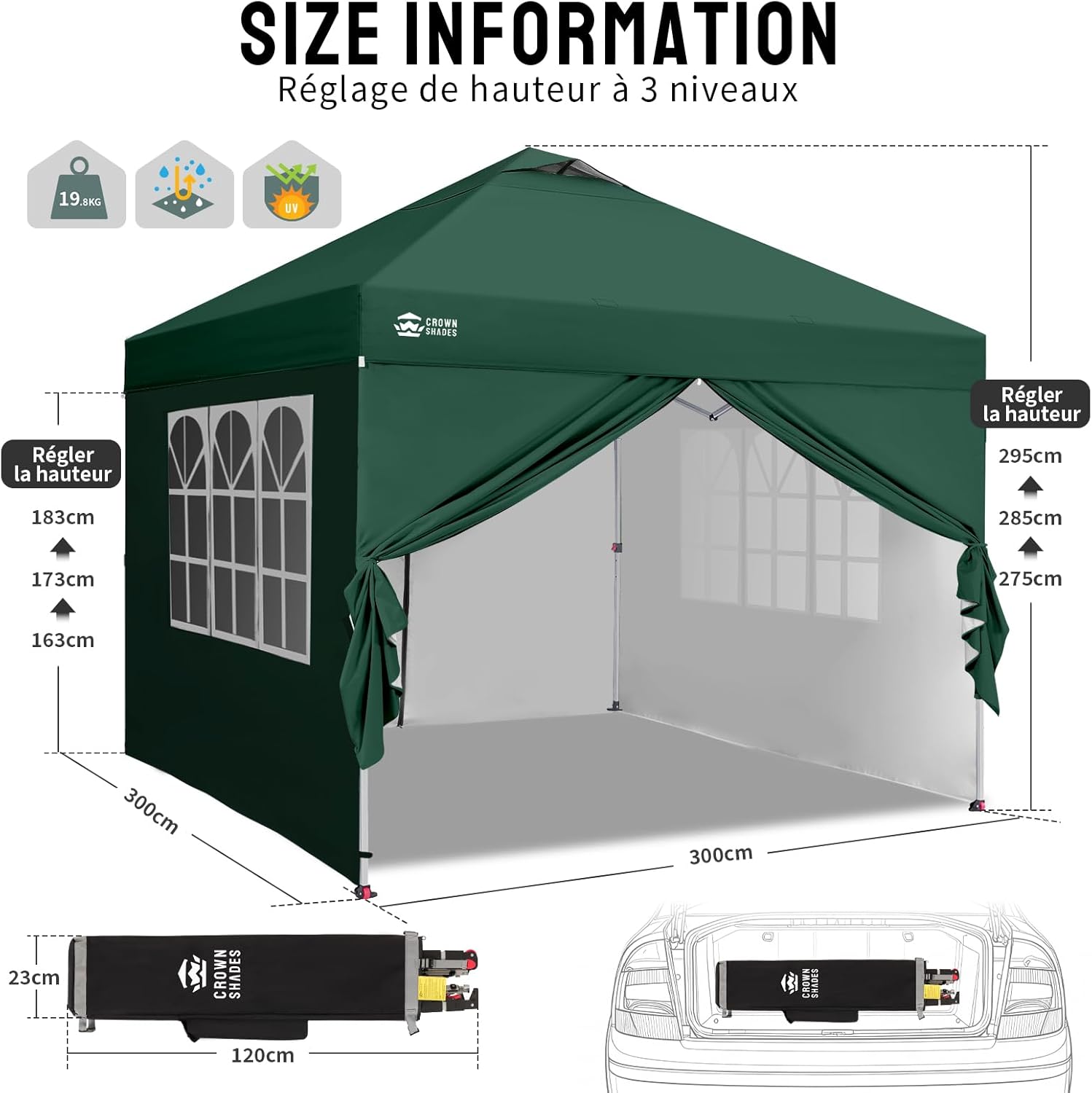 etezen Tonnelle Pliante 3x3 Imperméable, Barnum Pliant de Jardin Exterieur, Pop-Up Gazebo avec Sac de Rangement, UPF 50+, avec 4 Parois Latérales Amovible, 4 Sac de Sable, Vert Forêt