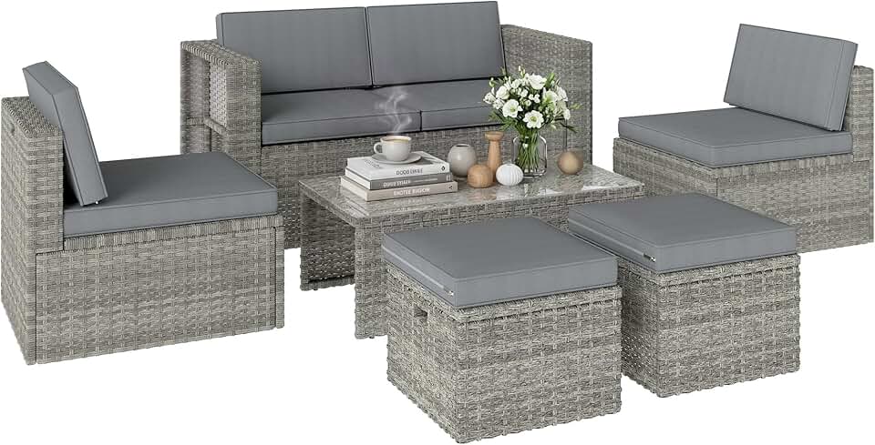 etezen - salon de jardin 6 pièces - canapé, fauteuils, table, gain de place, résine tressée, gris