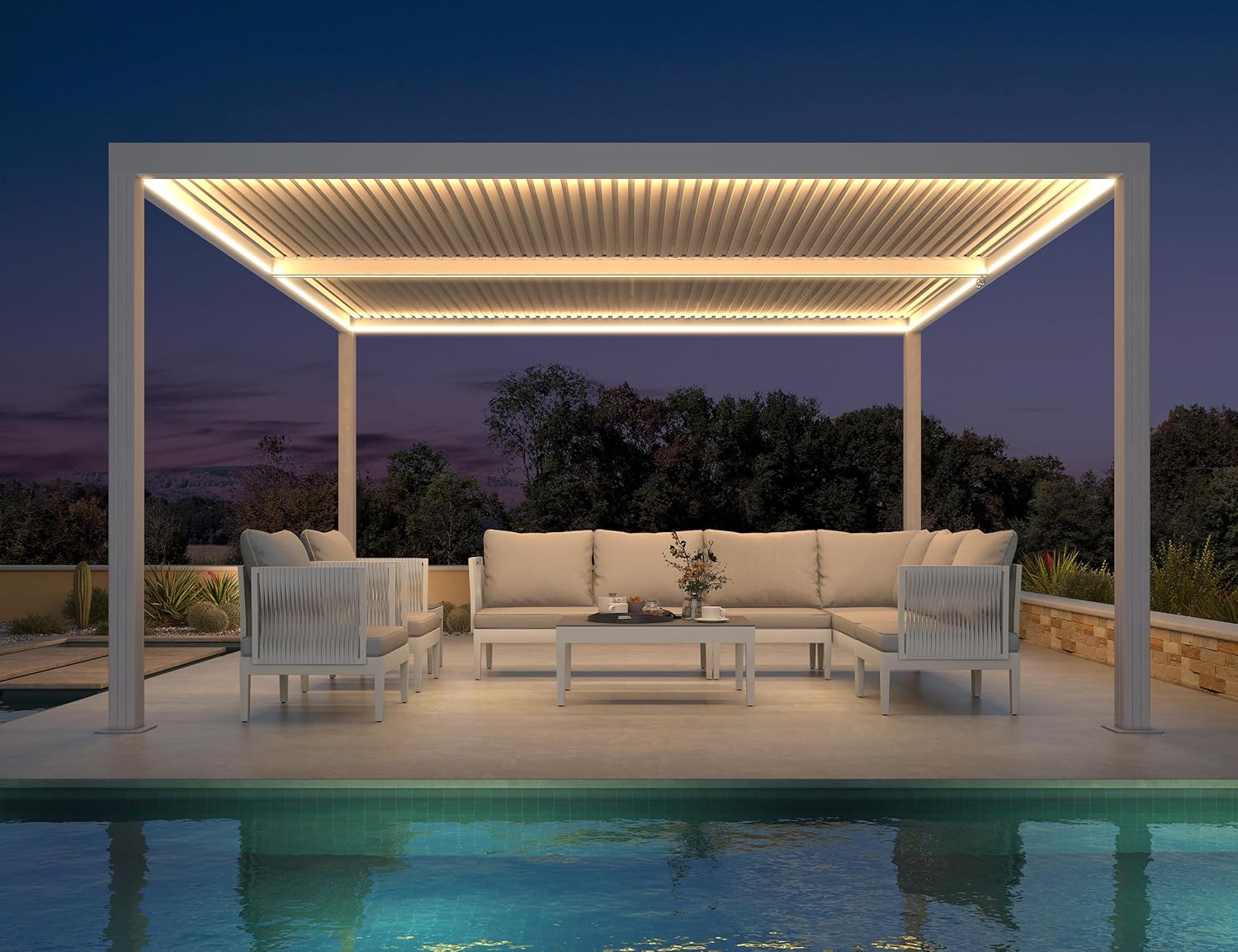 etezen - Pergola bioclimatique 4,24x3m - alu, LED, gouttières, blanc