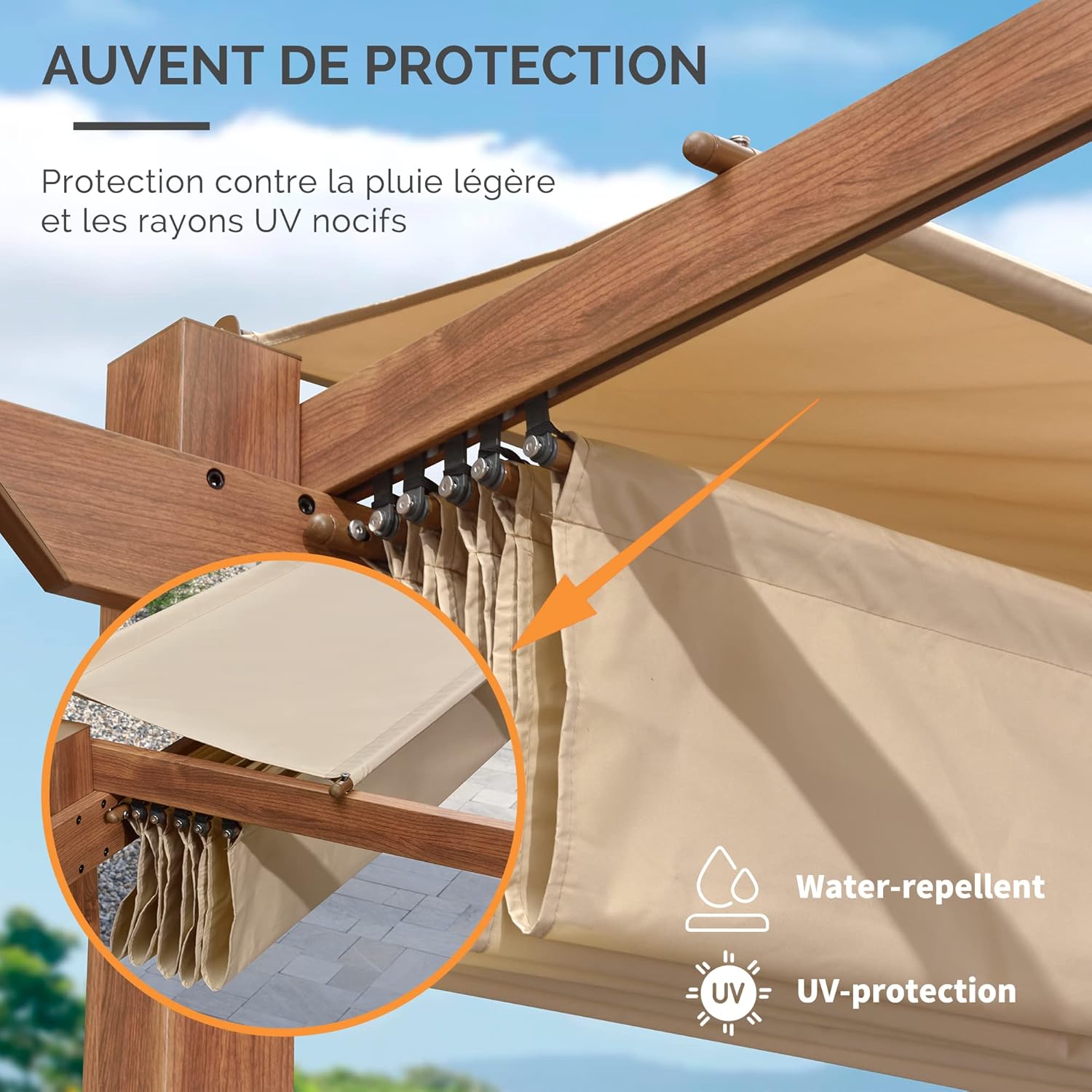 etezen - Pergola aluminium 4x3m, toit rétractable, éclairage intégré, finition teck, kaki