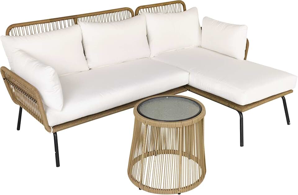 etezen - salon de jardin d'angle 4 places résine tressée - table basse, coussins confort, crème