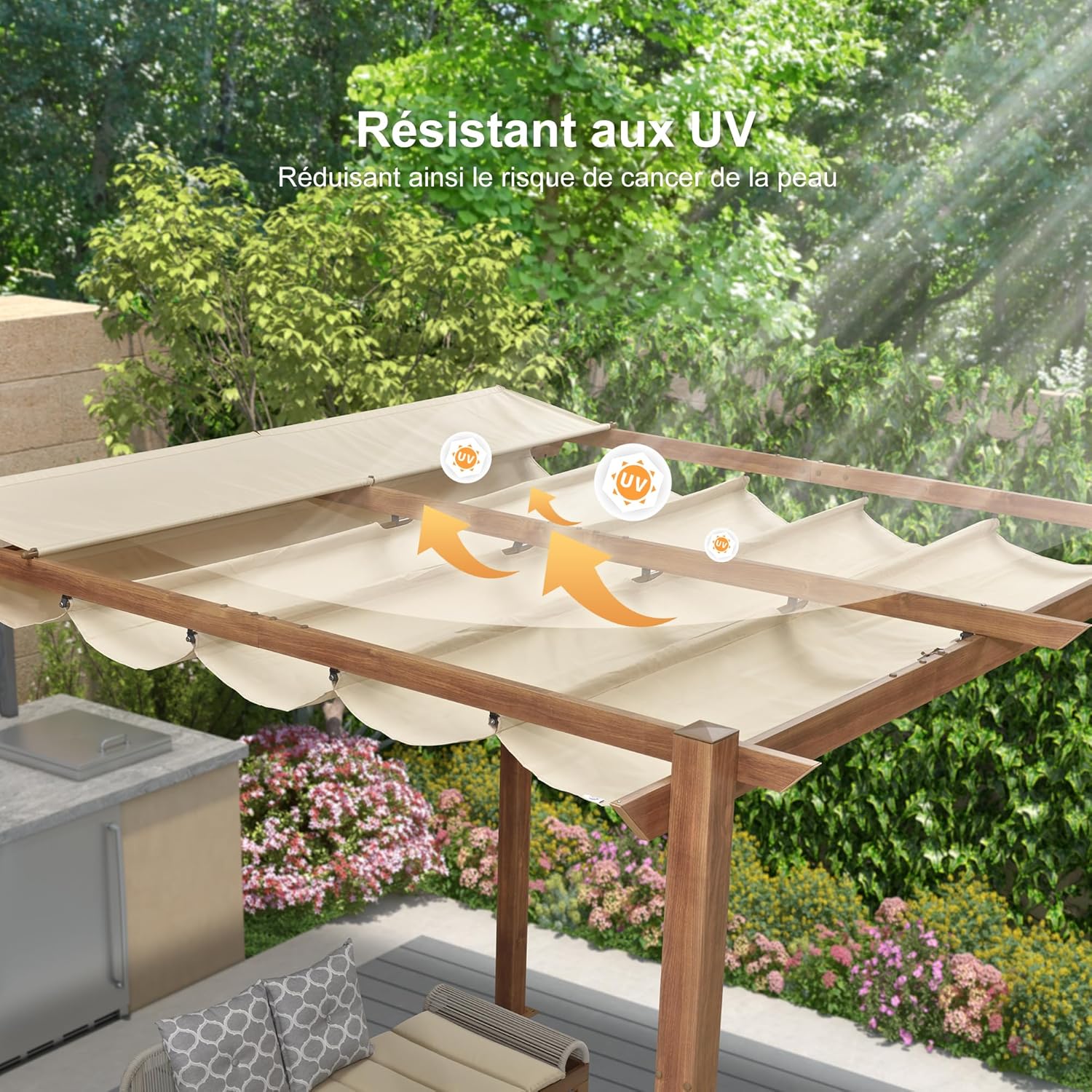 etezen - pergola aluminium - 3x3m - teck, toile rétractable, kaki