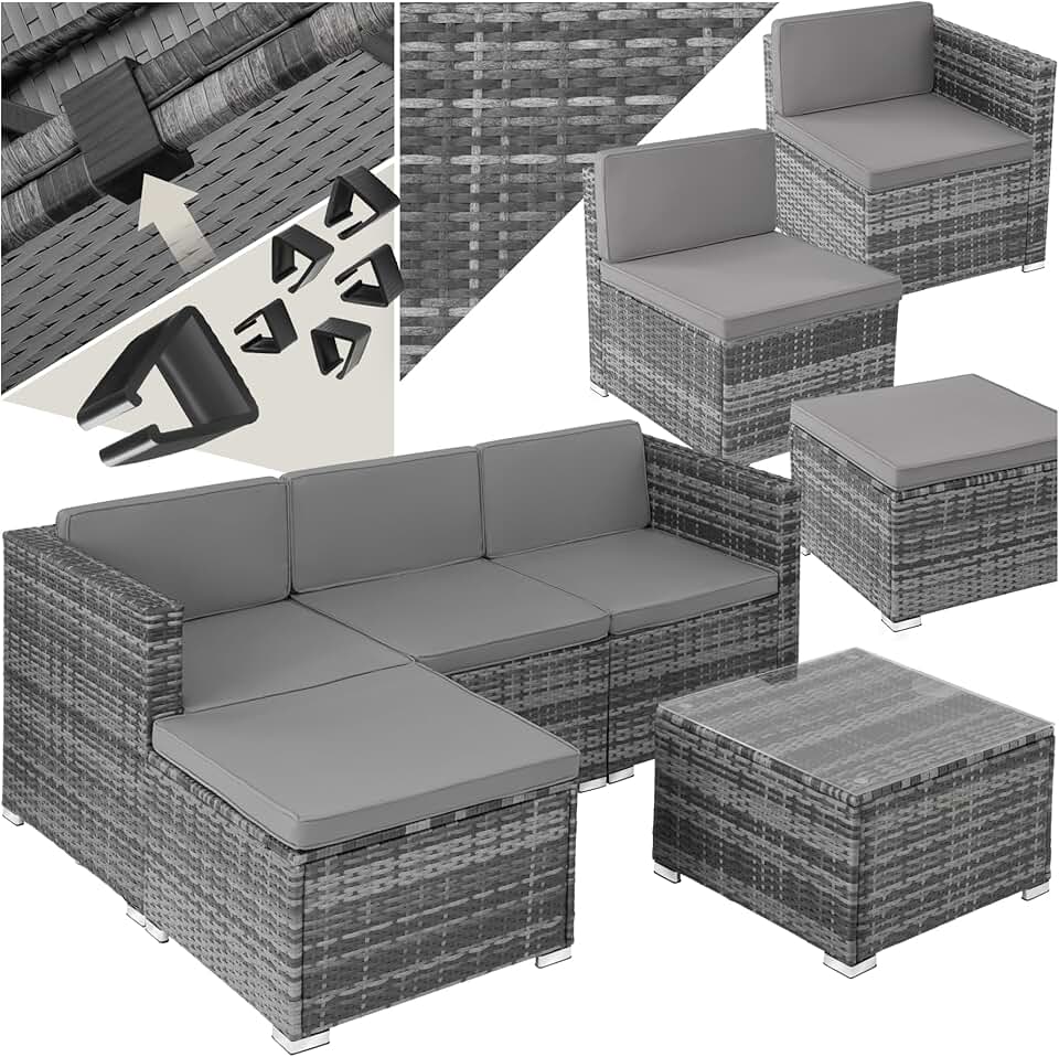 etezen - Salon de jardin modulable 4 places, poly rotin, table et poufs
