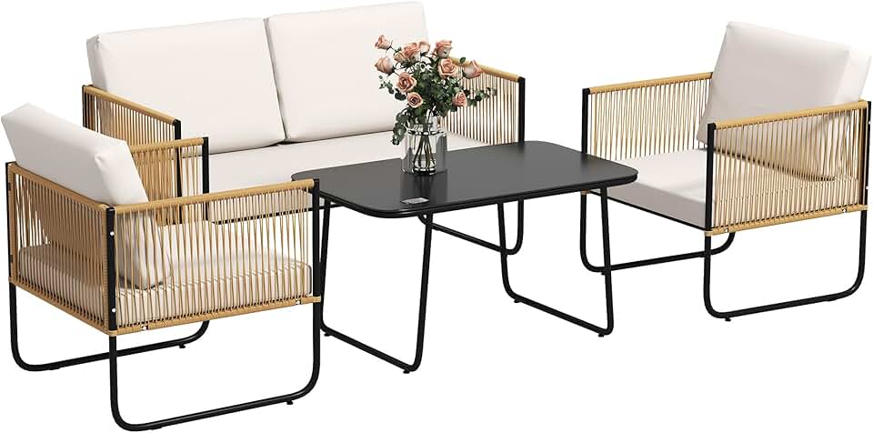 etezen - salon de jardin 4 places, résine tressée crème, coussins déhoussables, table verre