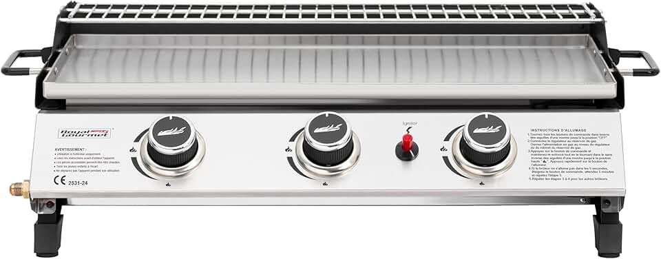 etezen - Plancha gaz inox 3 brûleurs 61,5x32cm, 7,5kW, usage extérieur