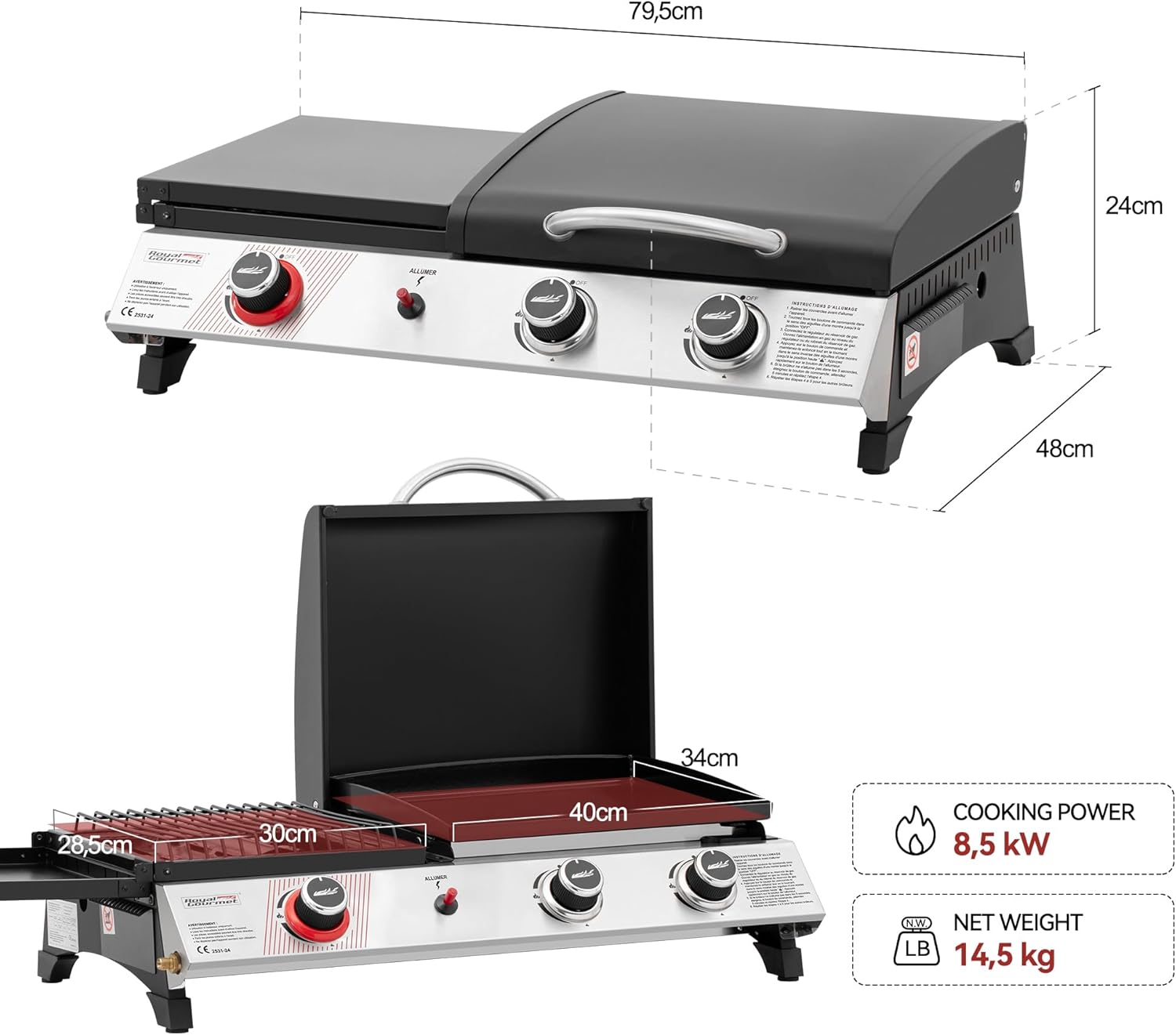 etezen - barbecue gaz 3 brûleurs - 8,5kW - plancha, grille, couvercle multifonction