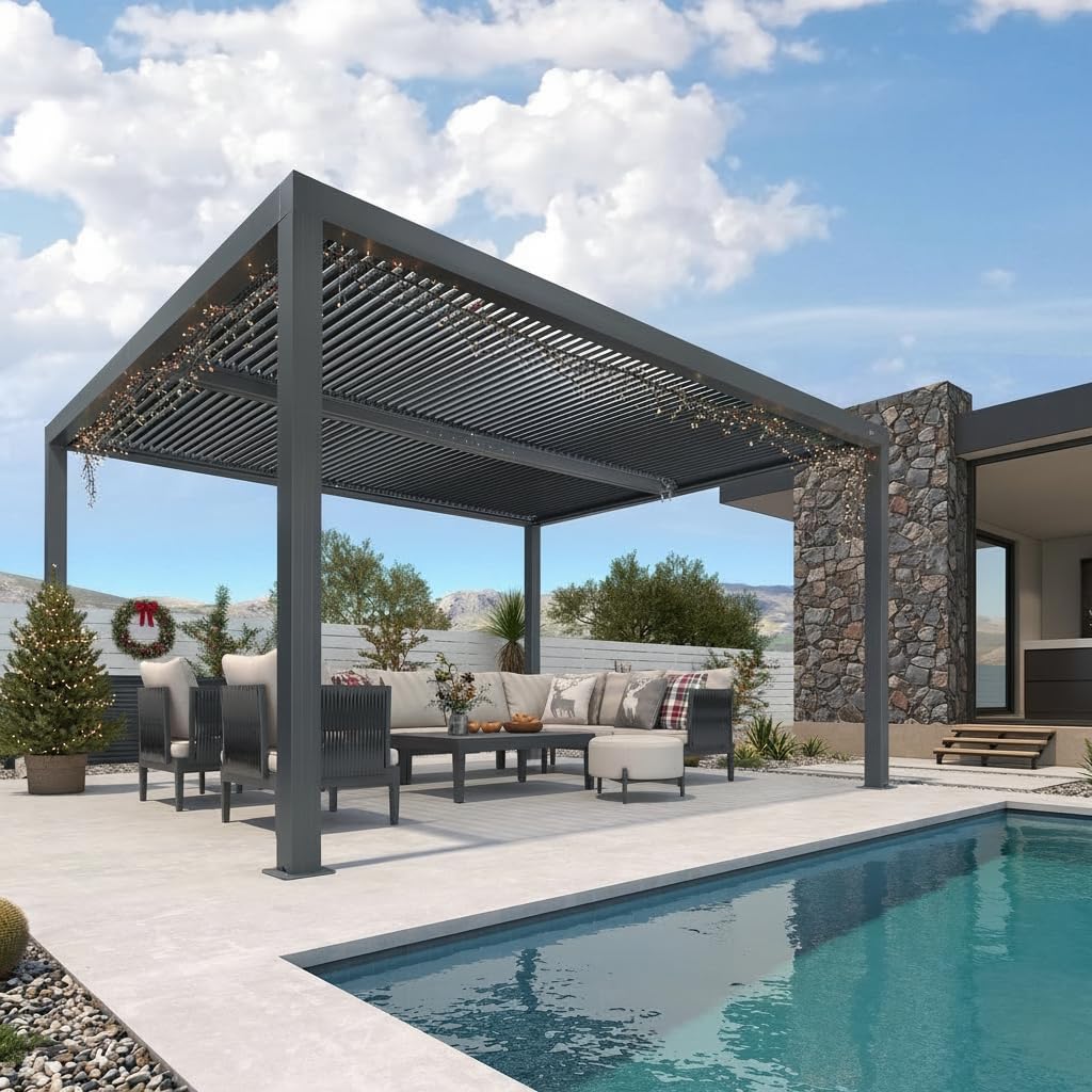 etezen - Pergola Bioclimatique - 4,24 x 3,3 m - Aluminium, lames orientables, commande indépendante, gris