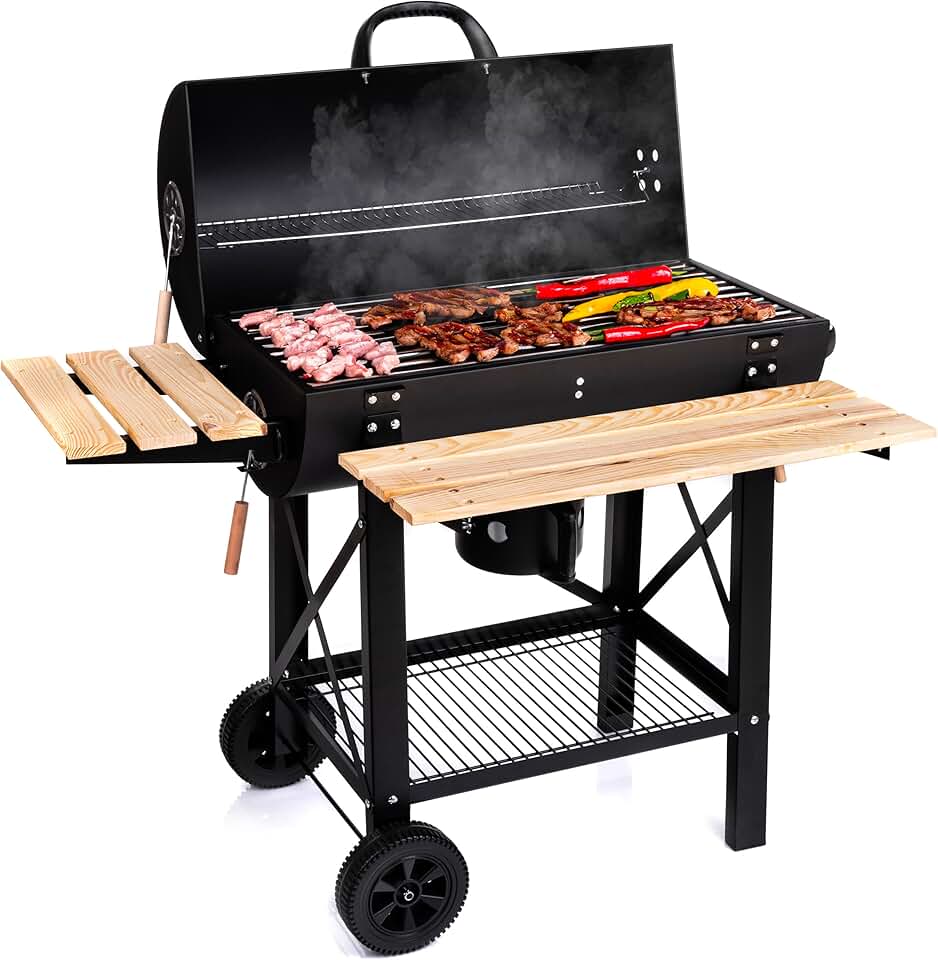etezen - Barbecue XL avec couvercle, étagères bois, roulettes, 69207